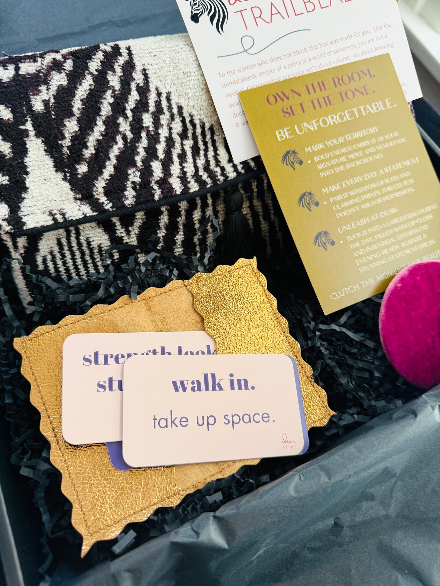 trailblazer gift box for women – empowerment gift with zebra clutch, boss lady gift, corporate gift for strong women, career milestone