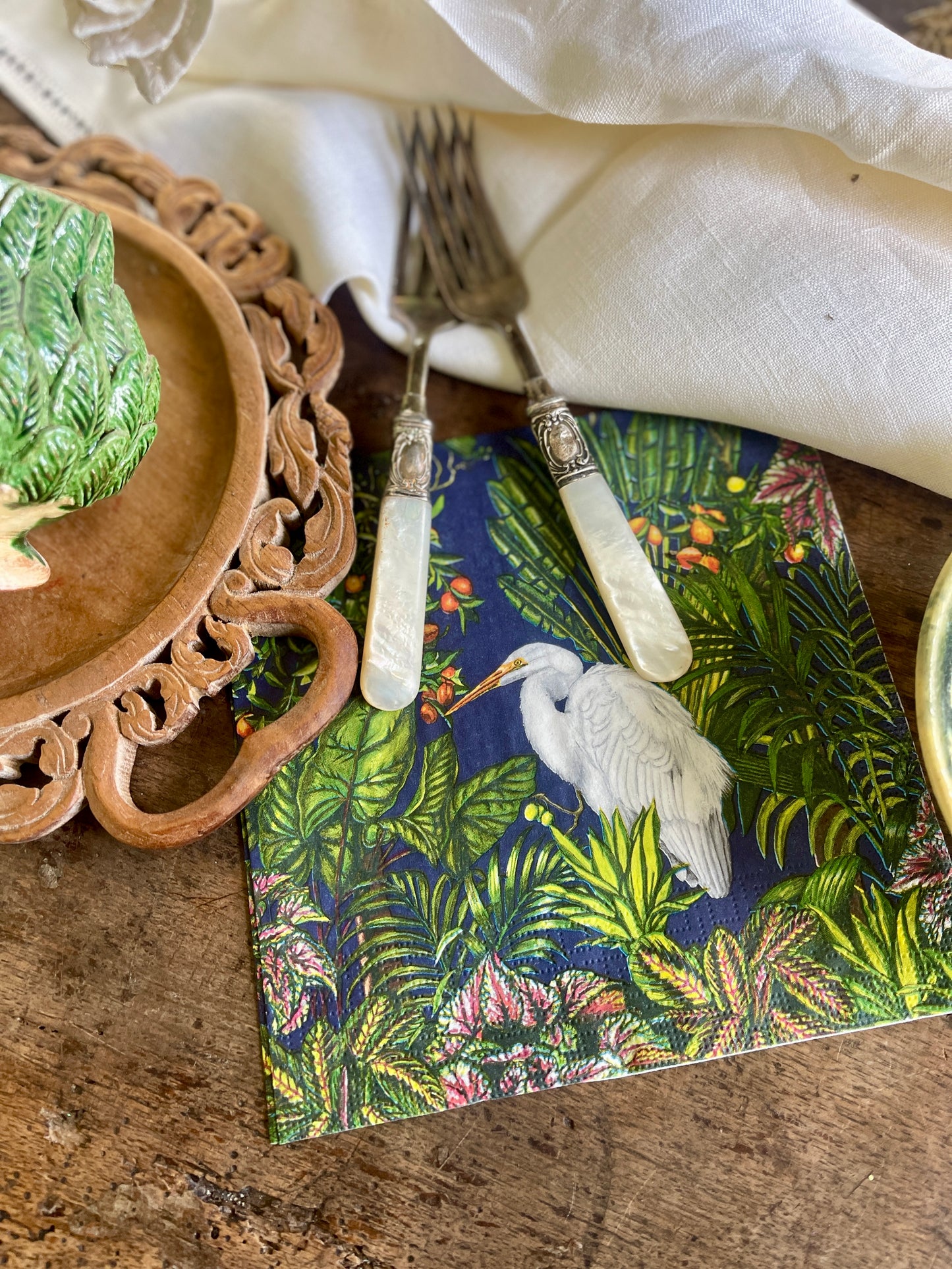 White Egret Tropical Island Paper Napkin - 20 Count, Botanical Cocktail Napkins
