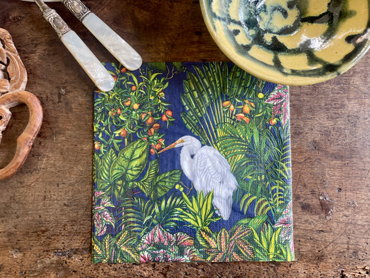 White Egret Tropical Island Paper Napkin - 20 Count, Botanical Cocktail Napkins