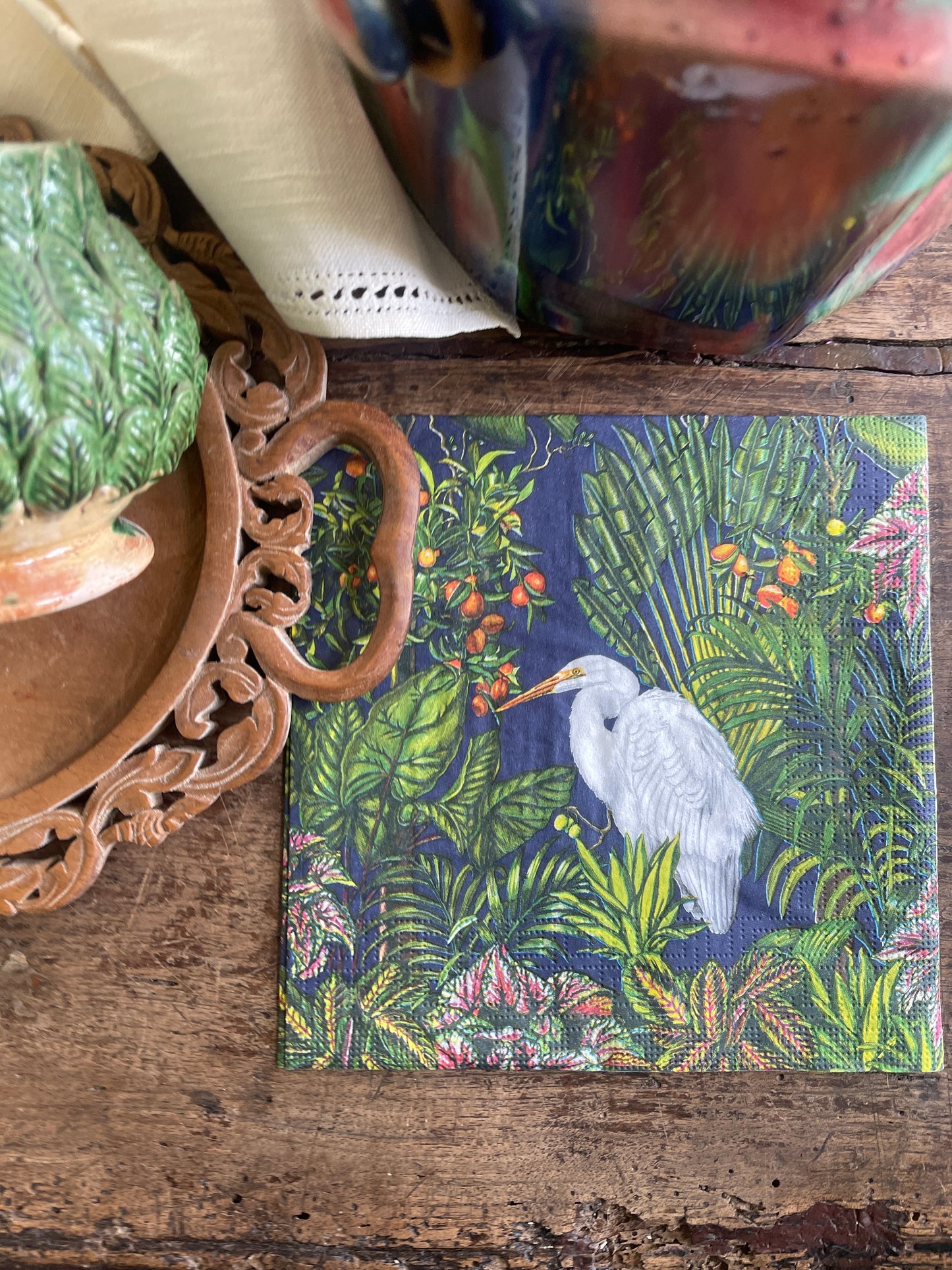 White Egret Tropical Island Paper Napkin - 20 Count, Botanical Cocktail Napkins