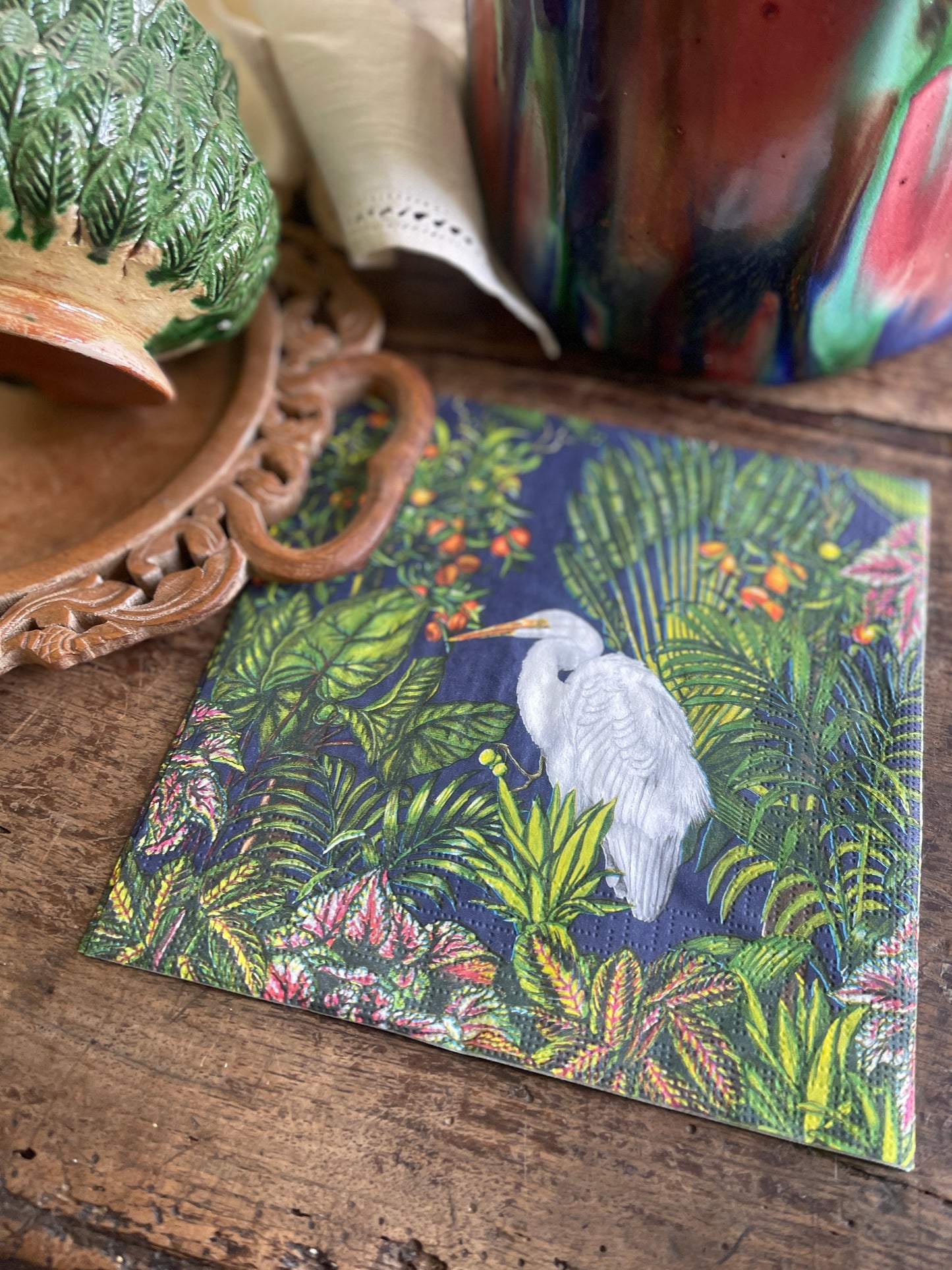 White Egret Tropical Island Paper Napkin - 20 Count, Botanical Cocktail Napkins