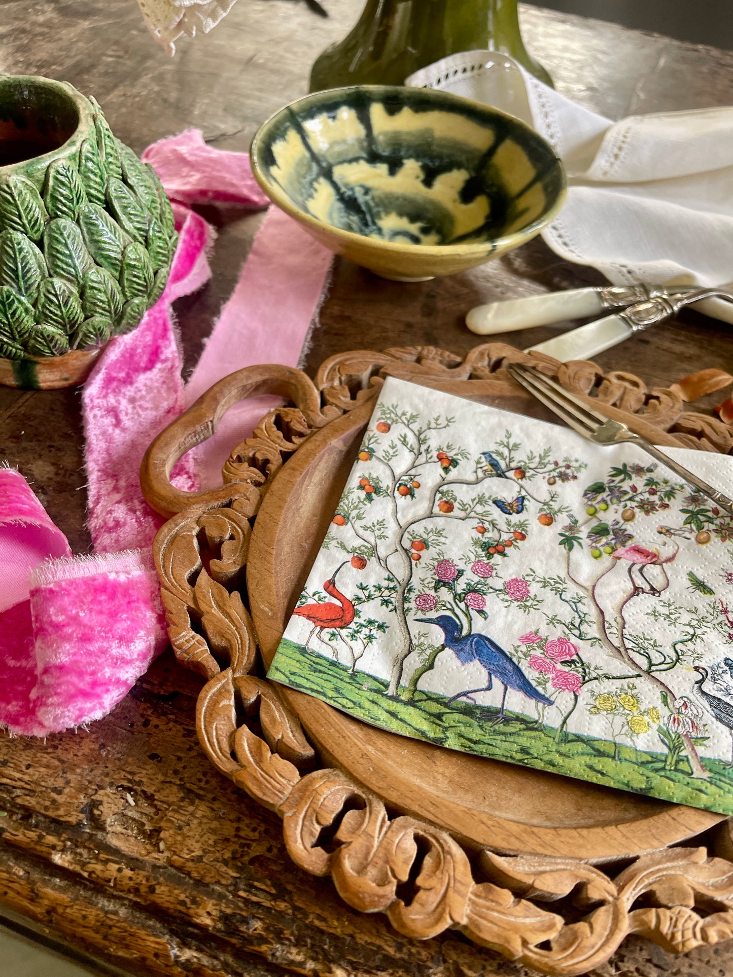 Exotic Birds and Fauna Chinoiserie Paper Cocktail Napkins - 20 Count, Tropical Cocktail Napkins