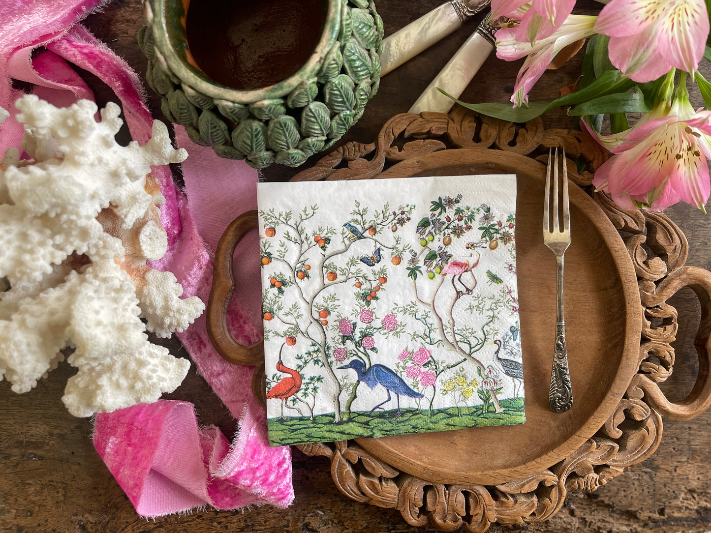 Exotic Birds and Fauna Chinoiserie Paper Cocktail Napkins - 20 Count, Tropical Cocktail Napkins