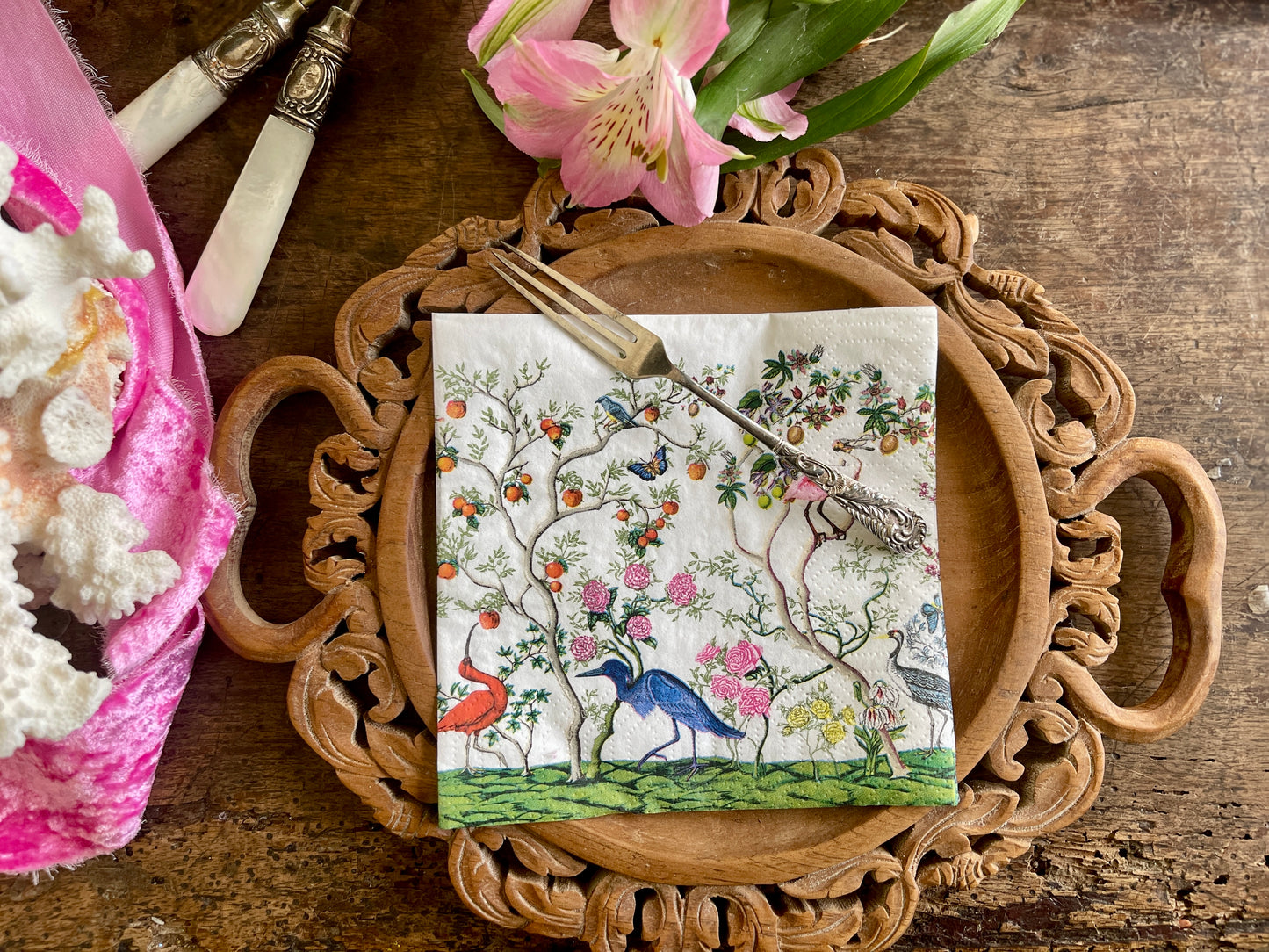 Exotic Birds and Fauna Chinoiserie Paper Cocktail Napkins - 20 Count, Tropical Cocktail Napkins