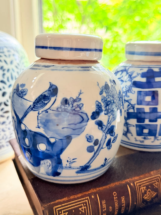 Blue and White Chinoiserie Porcelain Mini Ginger Jar - Bird and Flower Design