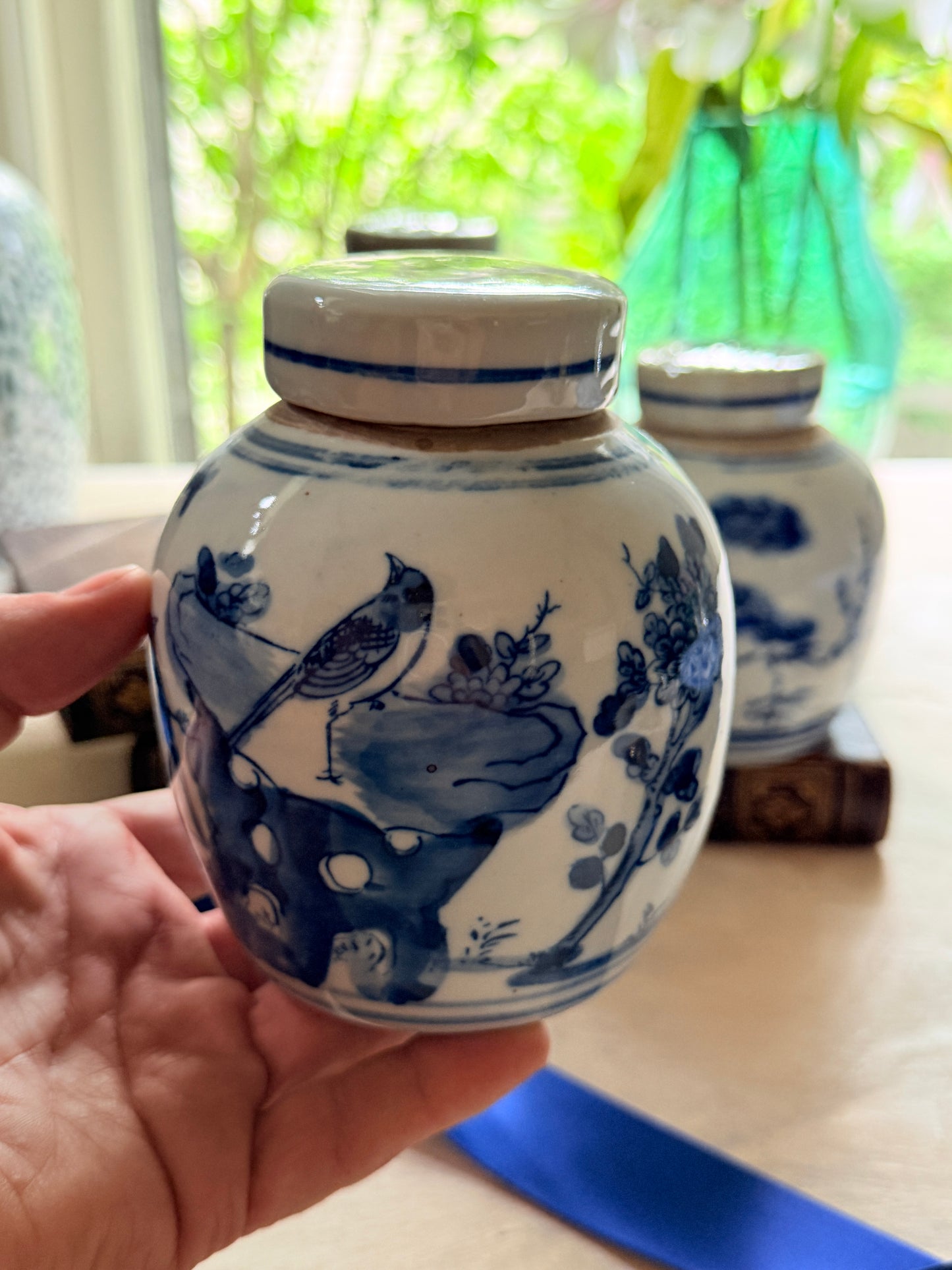 Blue and White Chinoiserie Porcelain Mini Ginger Jar - Bird and Flower Design