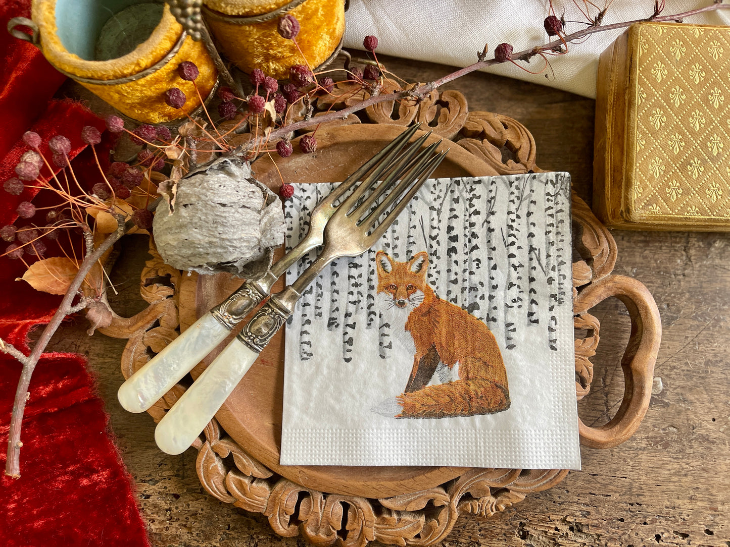 Fox in Winter Aspen Forest Paper Beverage Napkin - 20 Count, Holiday & Christmas Table Decor