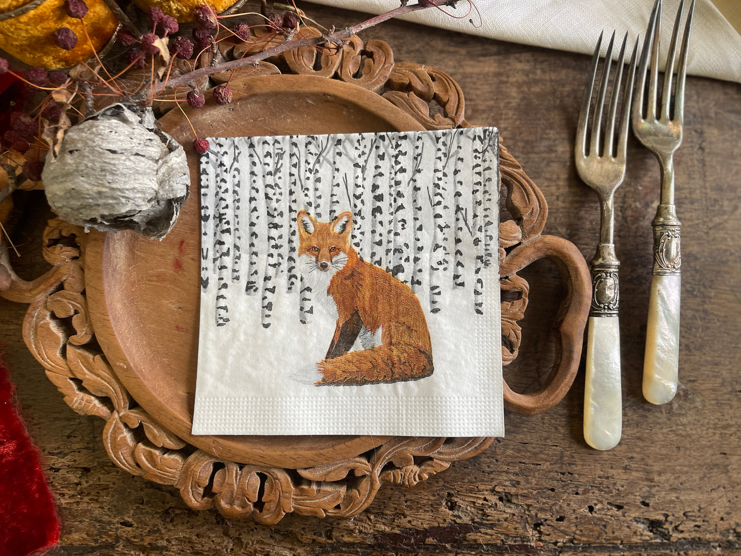 Fox in Winter Aspen Forest Paper Beverage Napkin - 20 Count, Holiday & Christmas Table Decor
