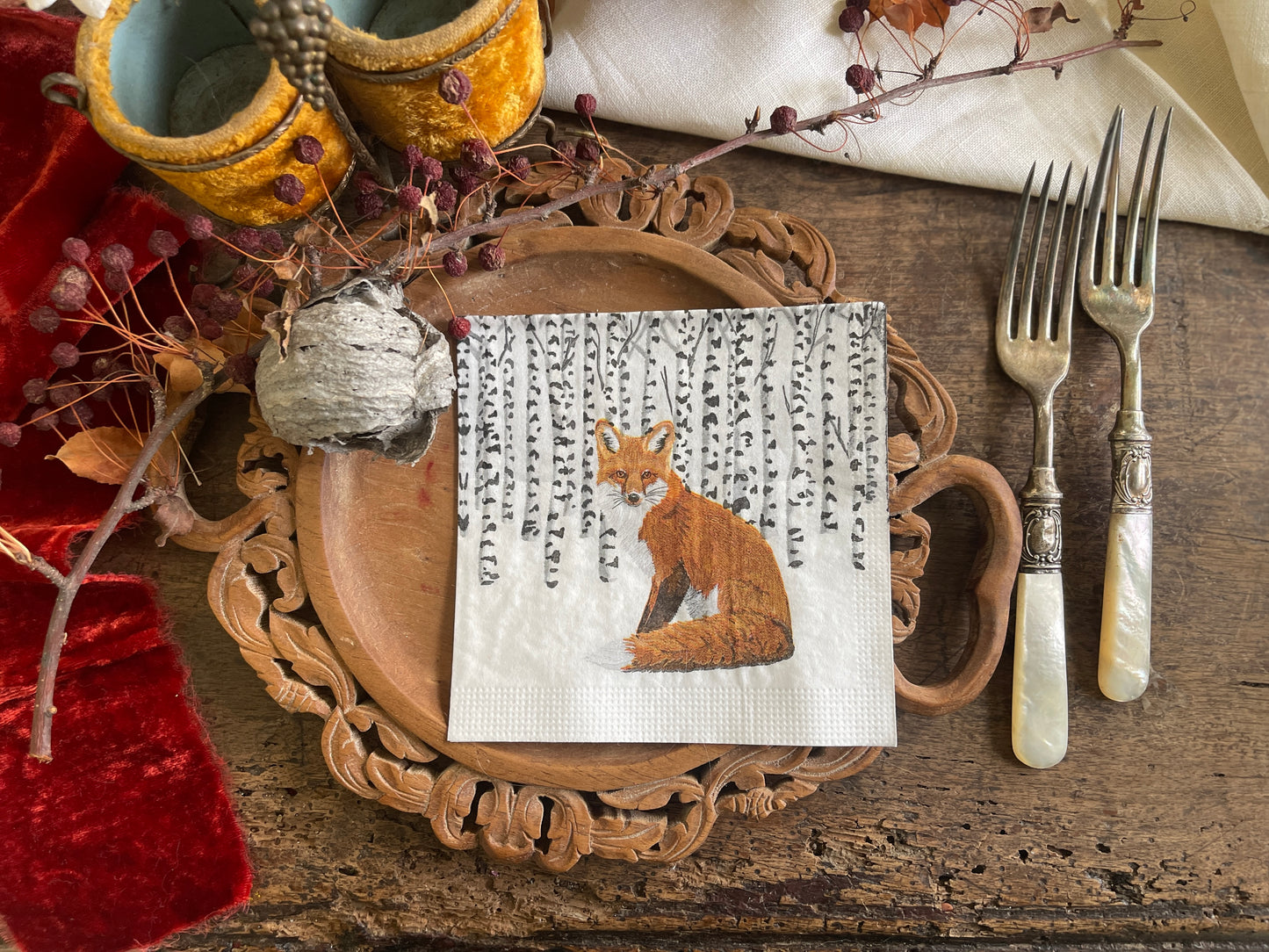 Fox in Winter Aspen Forest Paper Beverage Napkin - 20 Count, Holiday & Christmas Table Decor