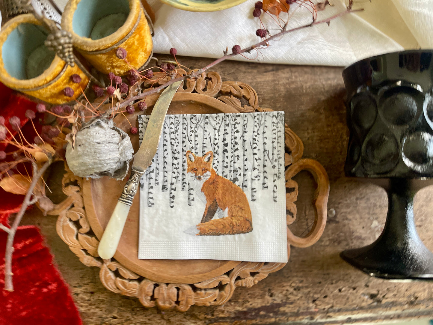 Fox in Winter Aspen Forest Paper Beverage Napkin - 20 Count, Holiday & Christmas Table Decor
