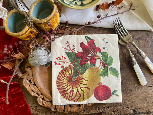 Red and Gold Nautilus Beachy Holiday Paper Napkins - Christmas Dinner Napkins (20 pack)