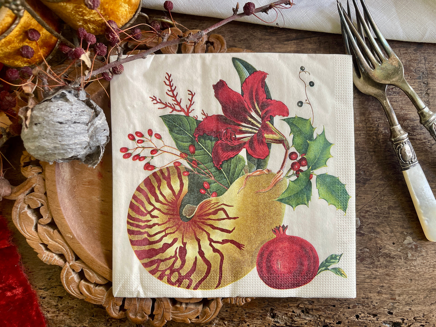 Red and Gold Nautilus Beachy Holiday Paper Napkins - Christmas Dinner Napkins (20 pack)