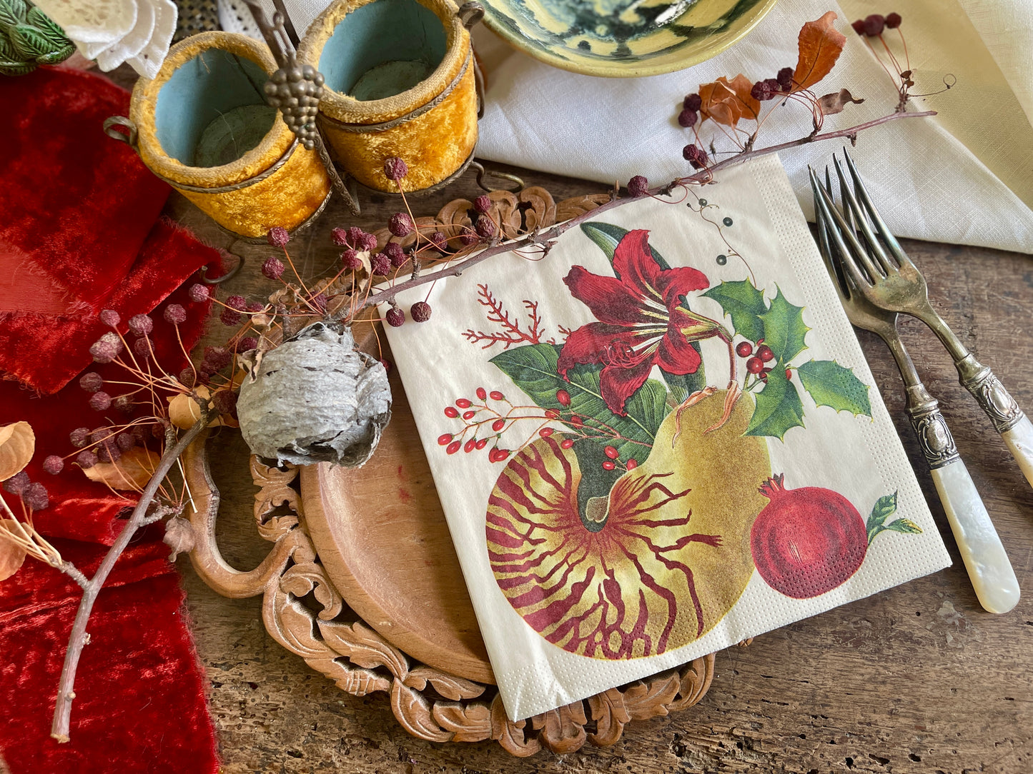 Red and Gold Nautilus Beachy Holiday Paper Napkins - Christmas Dinner Napkins (20 pack)