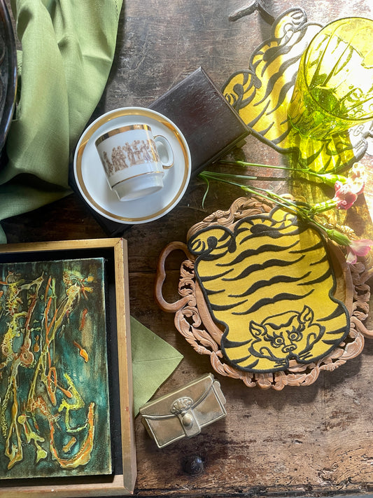 Tibetan Tiger Linen Cocktail Napkin in Yellow