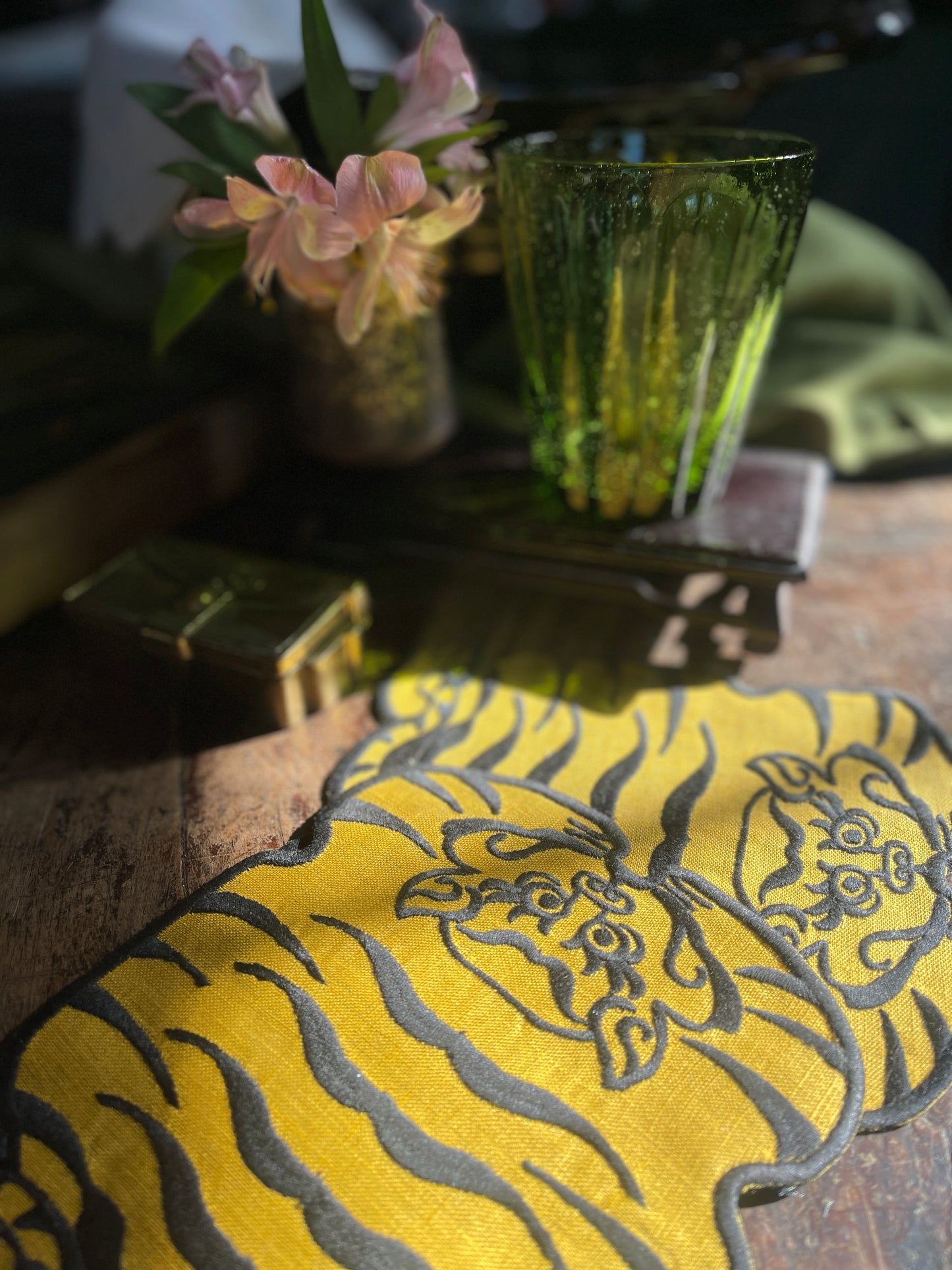 Tibetan Tiger Linen Cocktail Napkin in Yellow