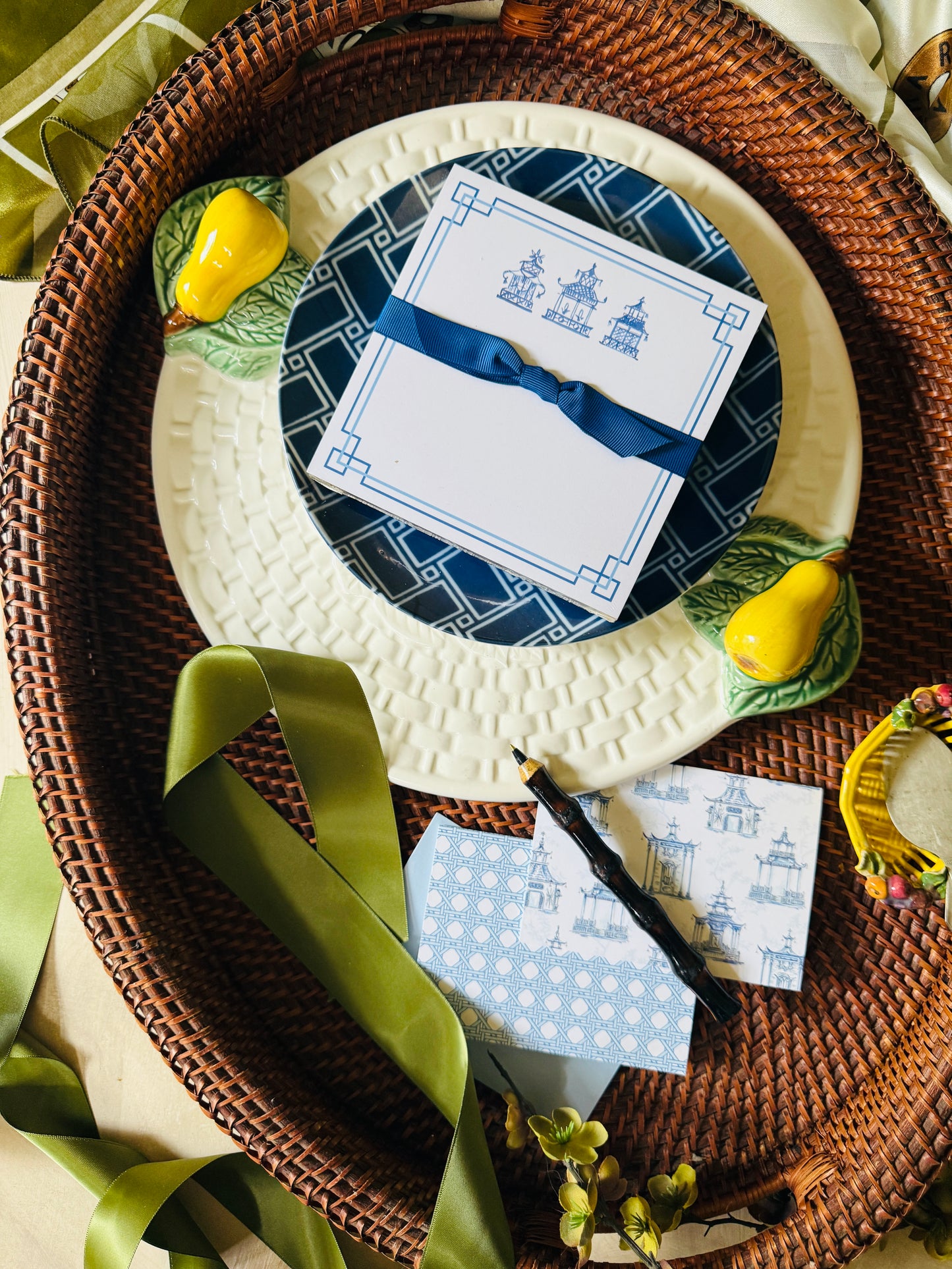 blue and white chinoiserie trio pagoda stationary gift set