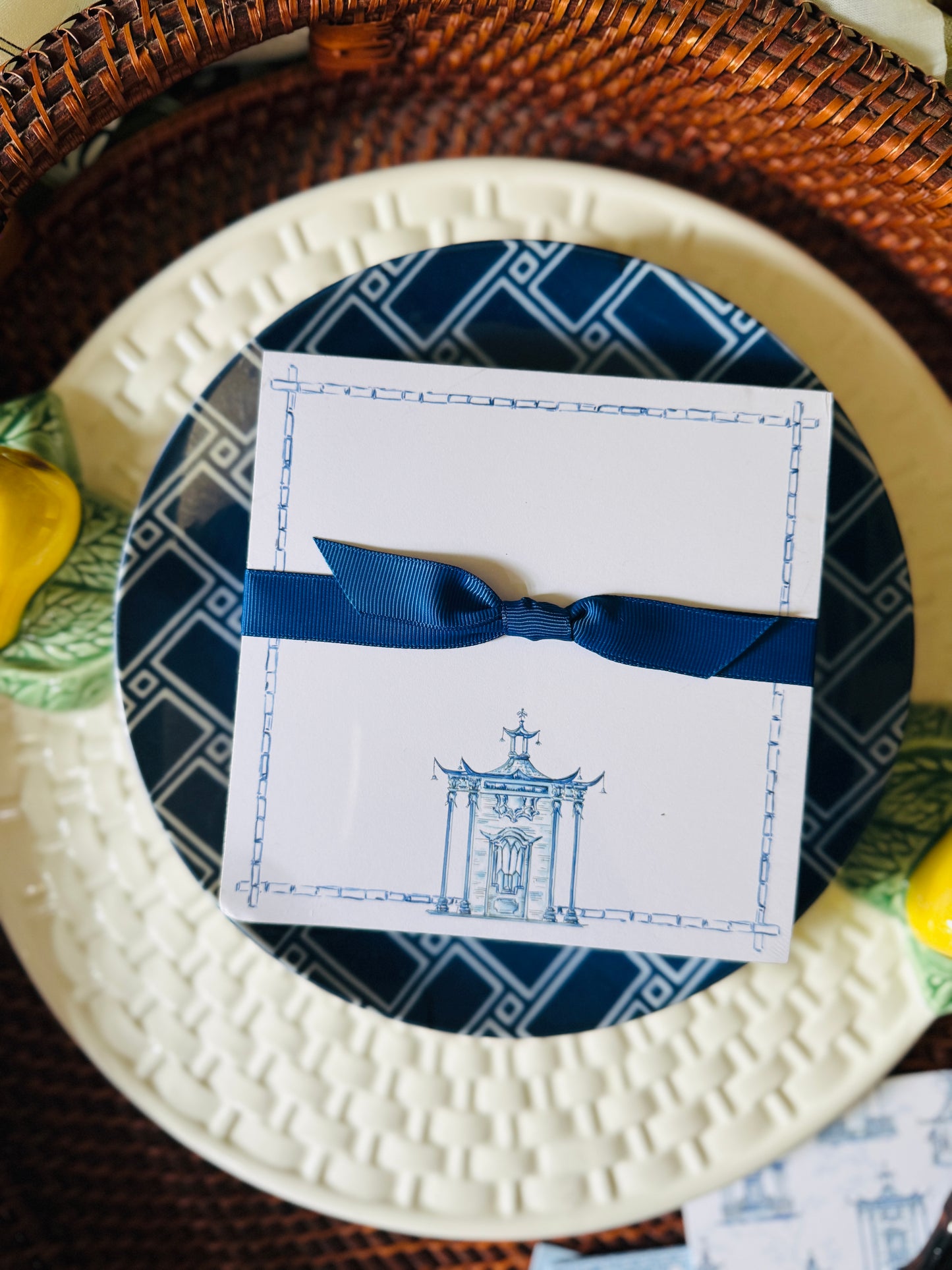 handpainted ornate pagoda blue chinoiserie luxe notepad