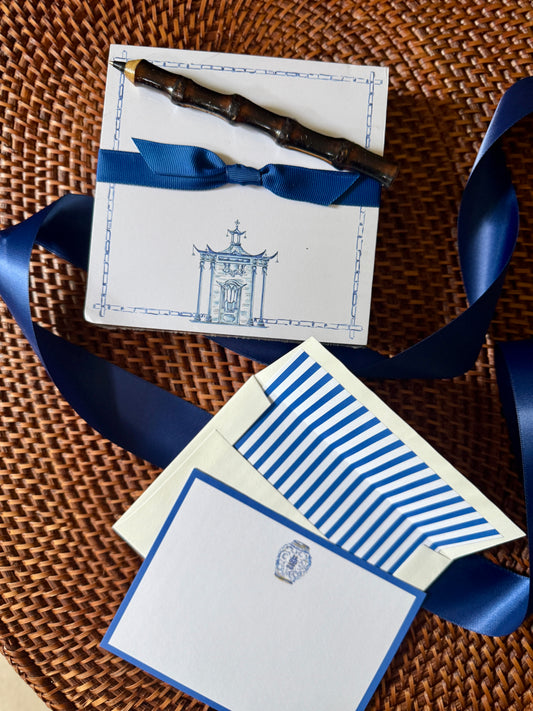 blue and white chinoiserie ornate pagoda  with ginger jar notecards stationary gift set | desk