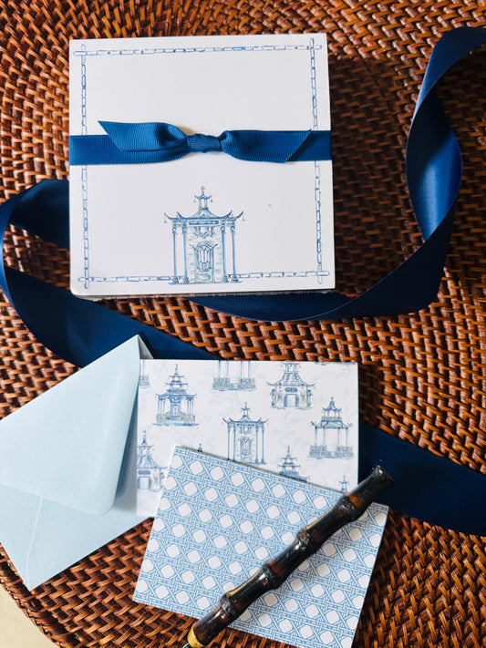 blue and white chinoiserie ornate pagoda with petite notecards stationary gift set