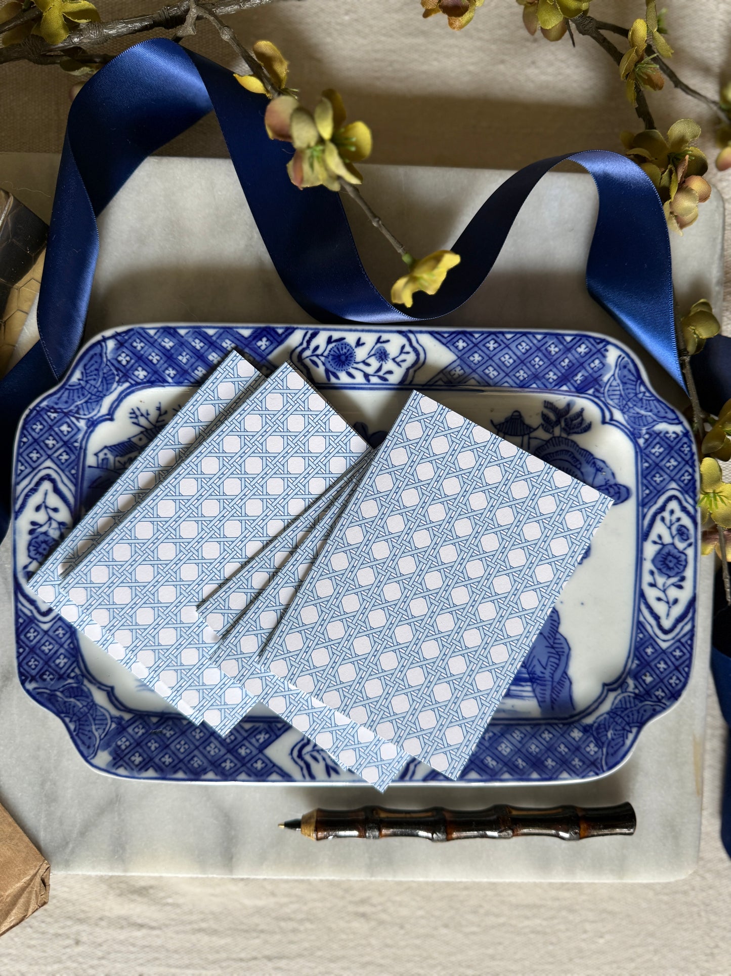 blue and white chinoiserie trio pagoda stationary gift set