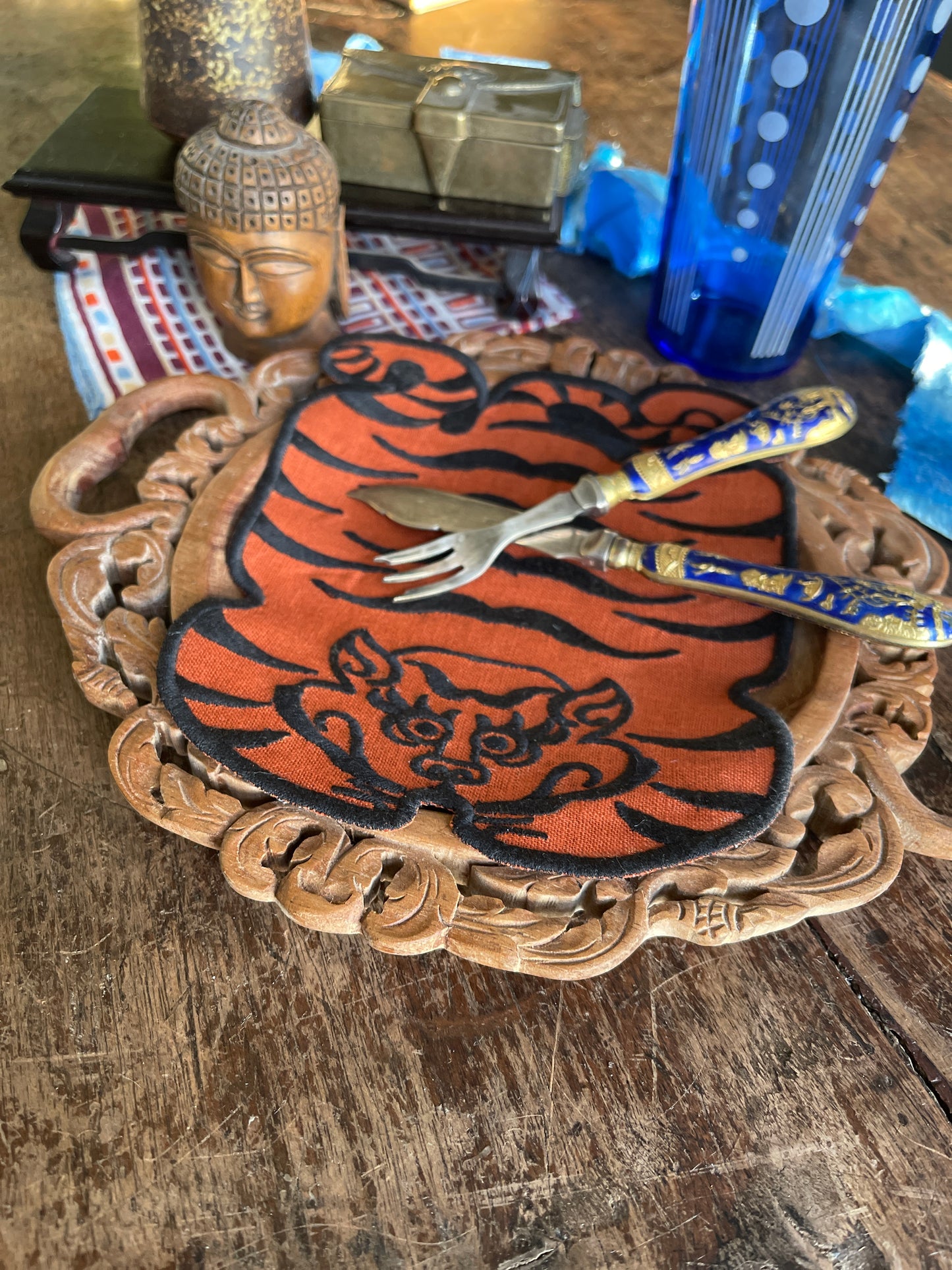 Tibetan Tiger Linen Cocktail Napkin in Orange