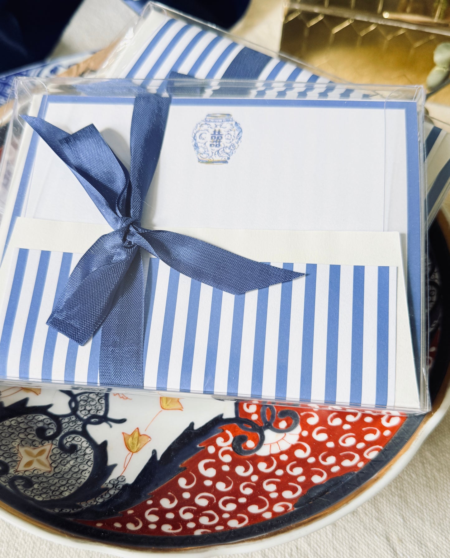 blue chinoiserie jar with navy border social stationery note cards