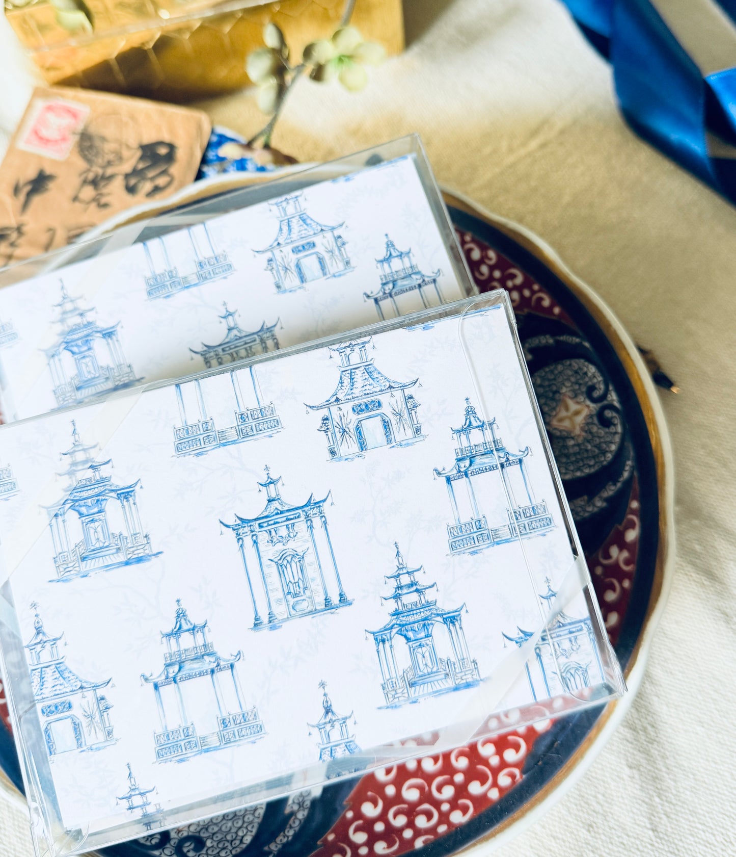 handpainted ornate pagoda blue stationery note cards