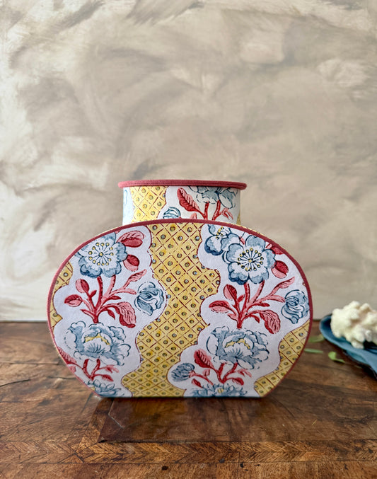 artisan block printed paper jar with vintage floral pattern, handmade