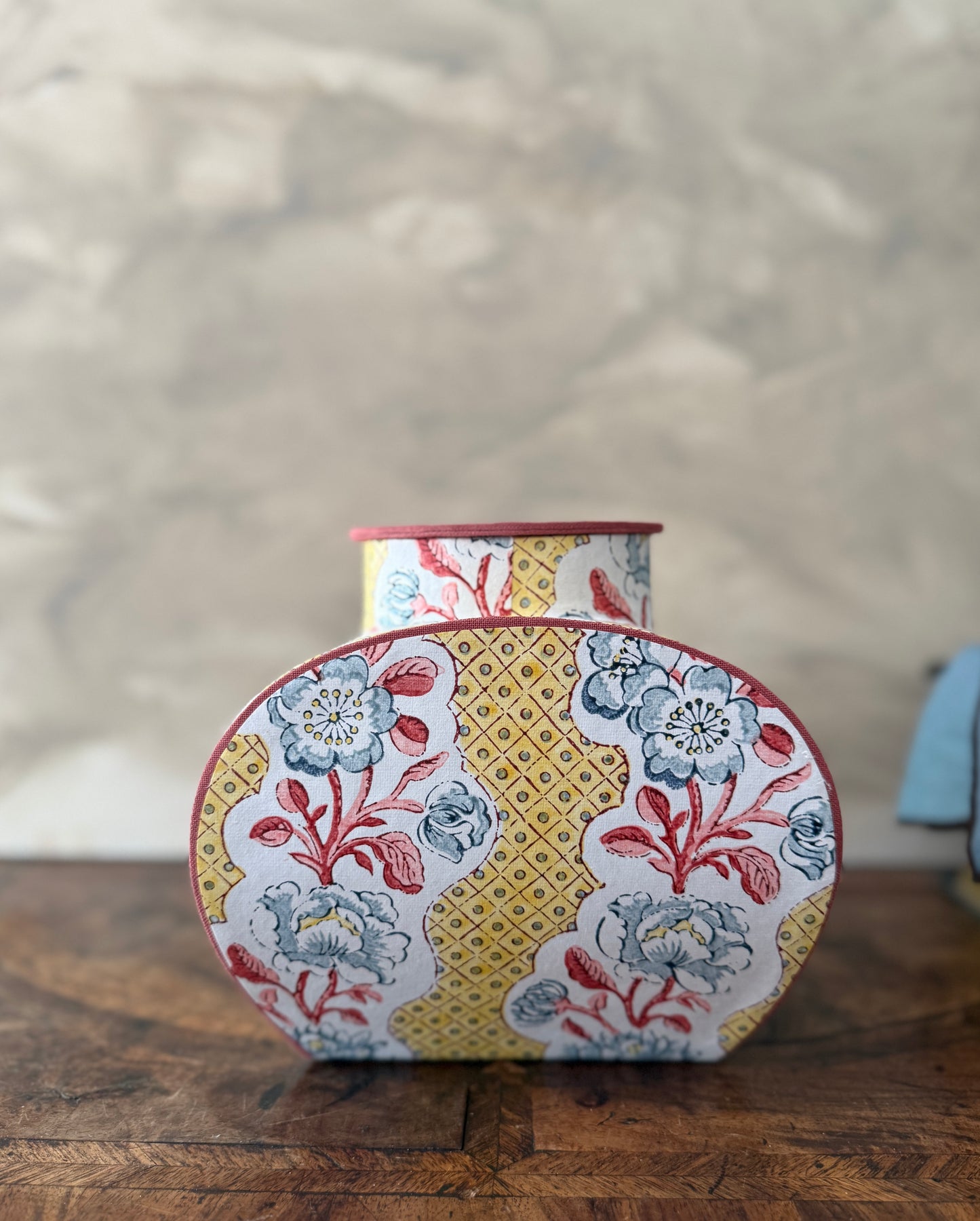 artisan block printed paper jar with vintage floral pattern, handmade