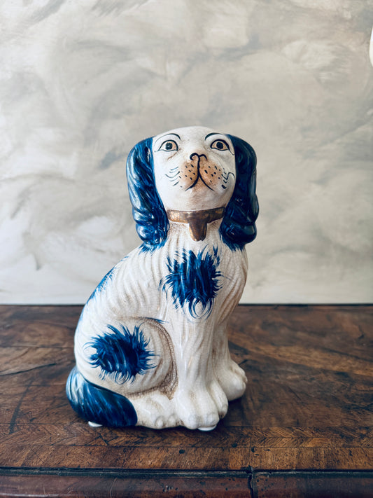English Chinoiserie Style Blue and White Ceramic Staffordshire Dog - Single Left Side Dog