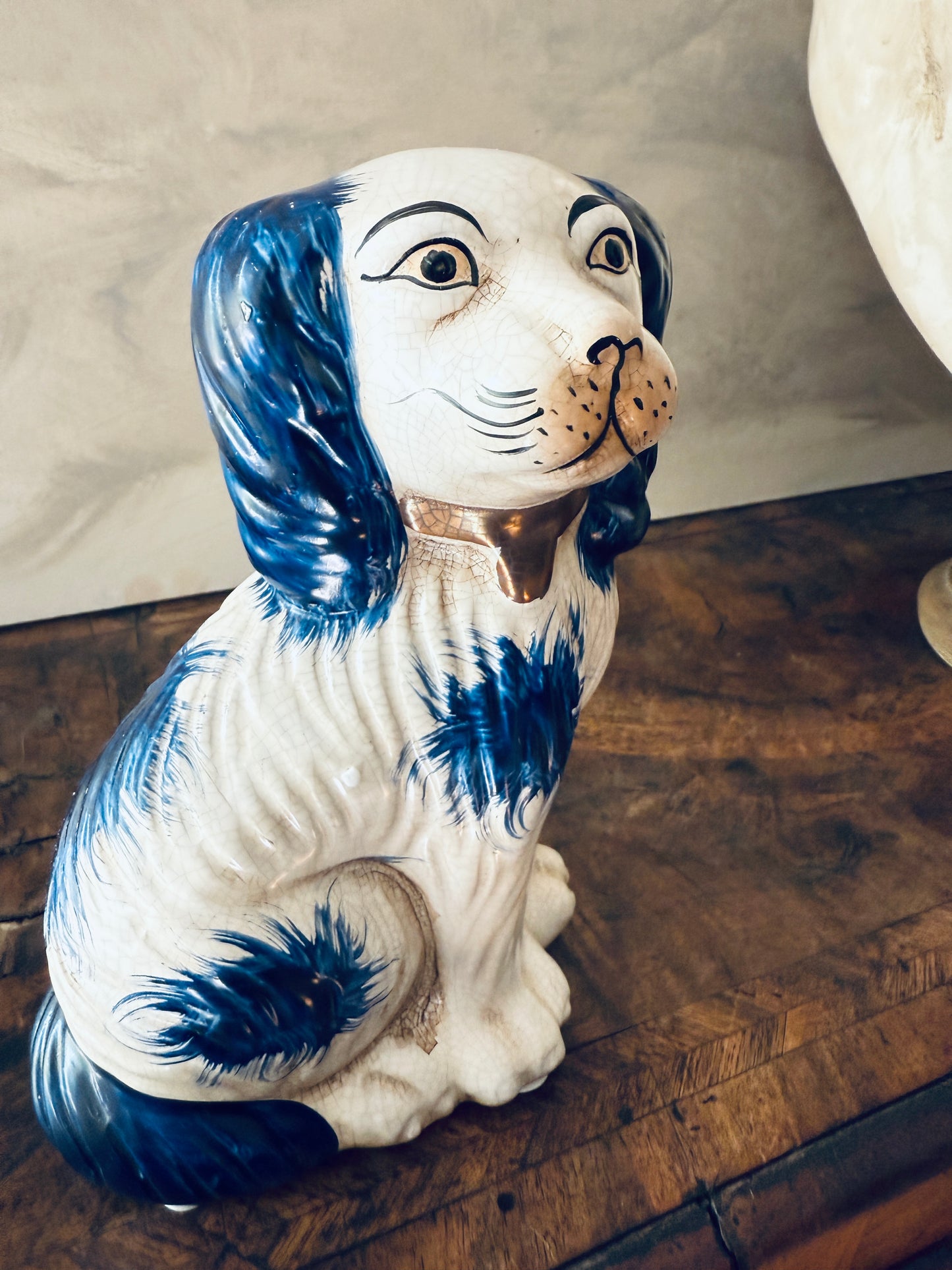 English Chinoiserie Style Blue and White Ceramic Staffordshire Dog - Single Left Side Dog