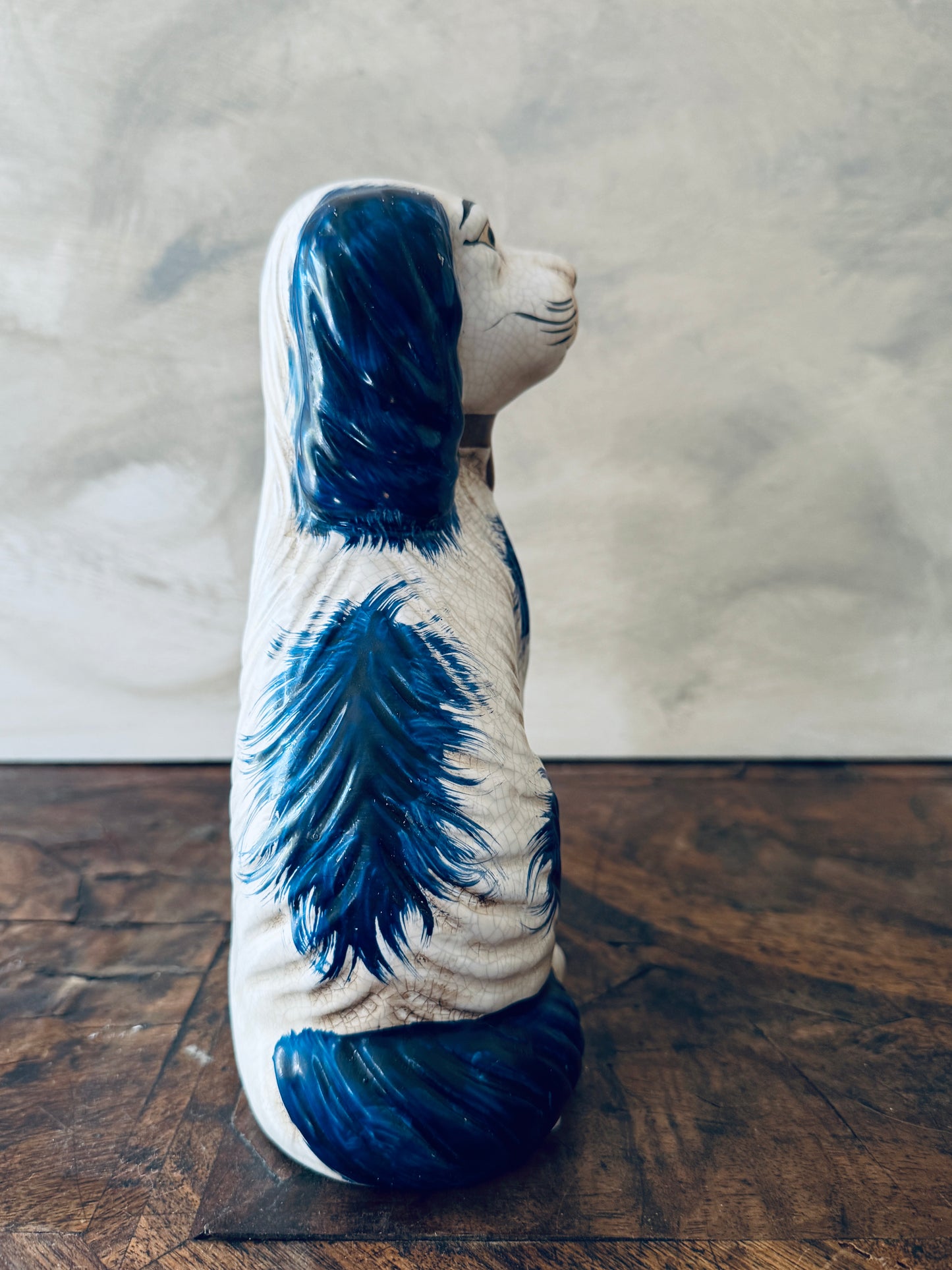 English Chinoiserie Style Blue and White Ceramic Staffordshire Dog - Single Left Side Dog