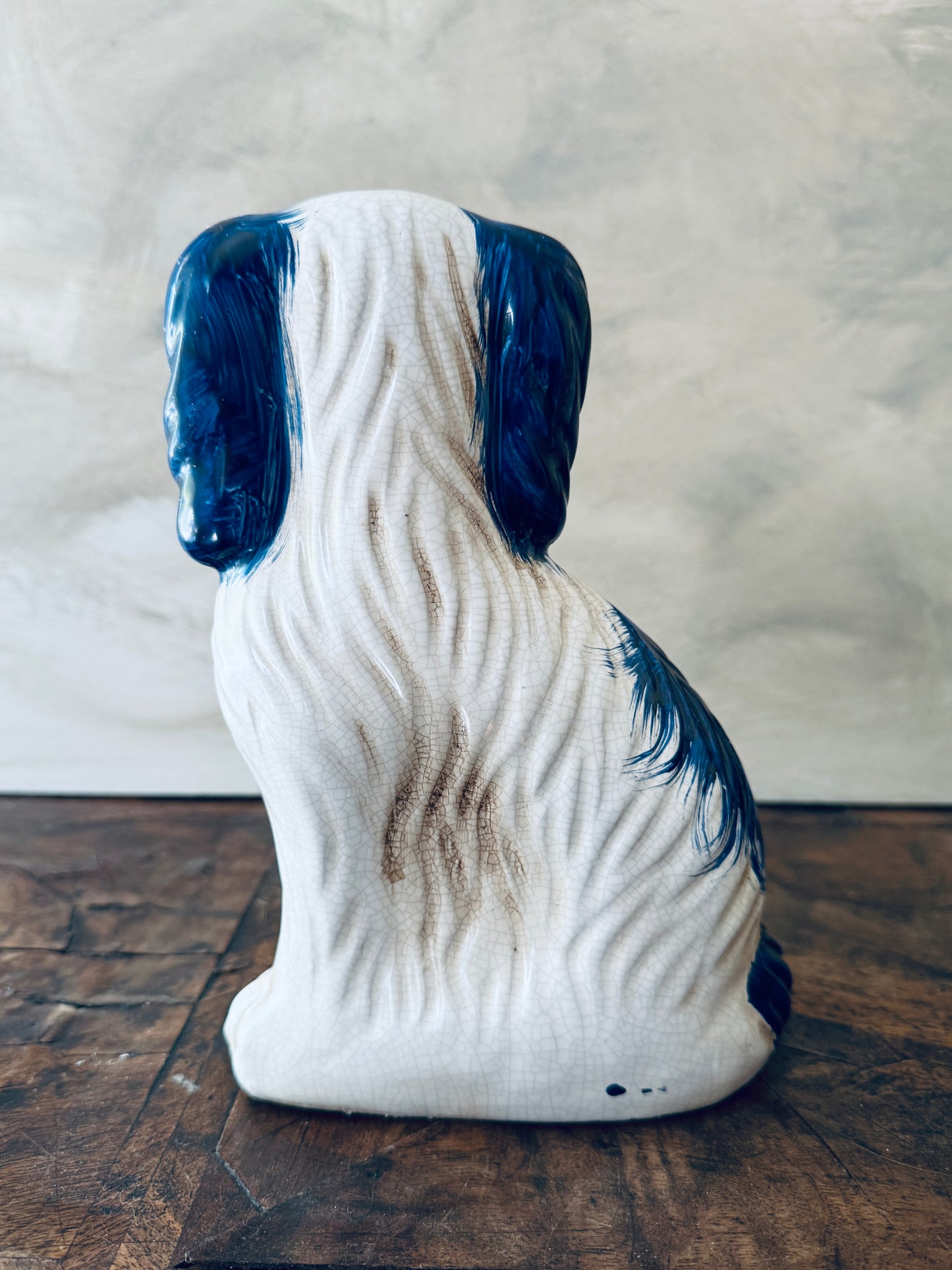 English Chinoiserie Style Blue and White Ceramic Staffordshire Dog - Single Left Side Dog