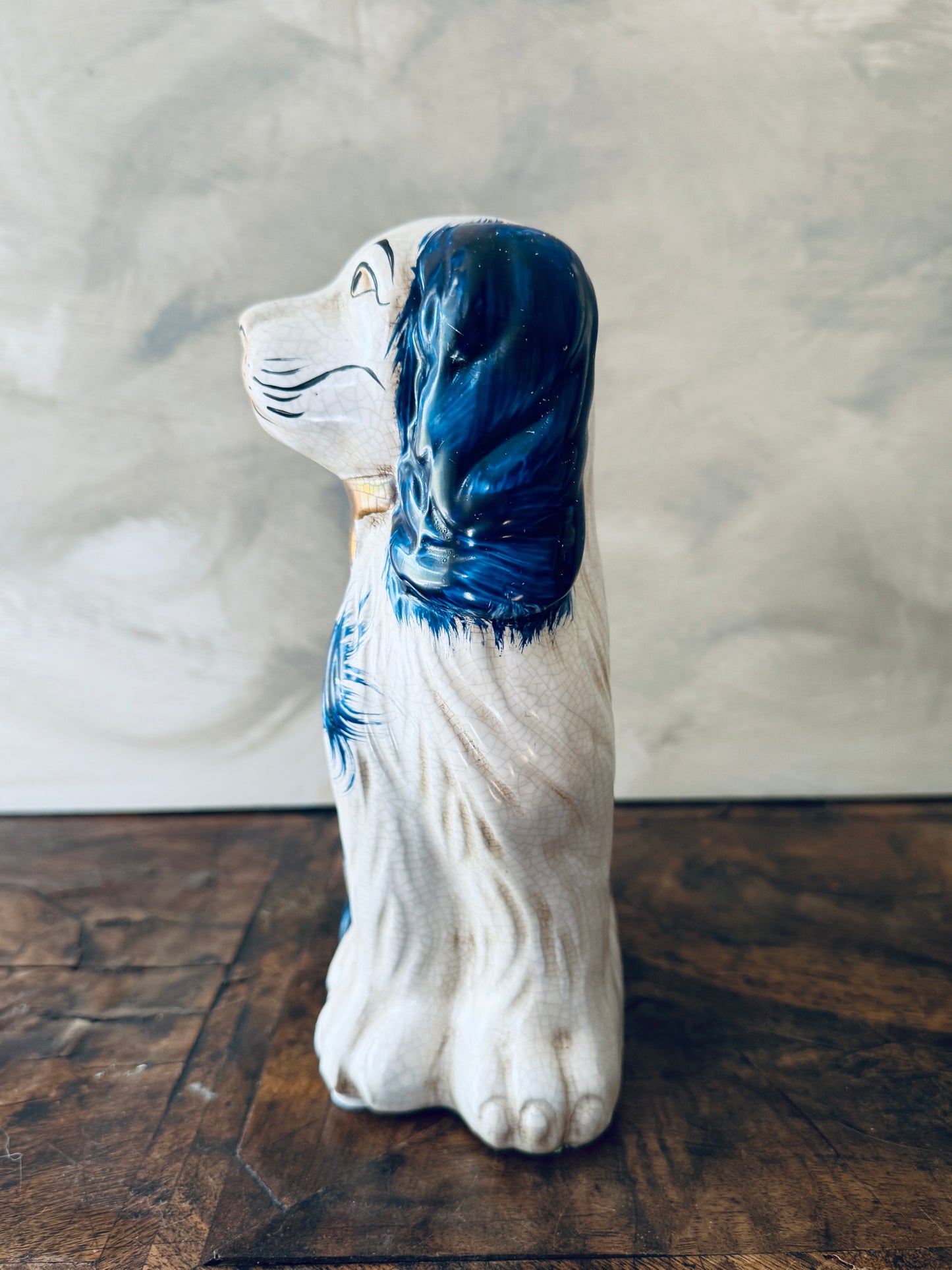 English Chinoiserie Style Blue and White Ceramic Staffordshire Dog - Single Left Side Dog