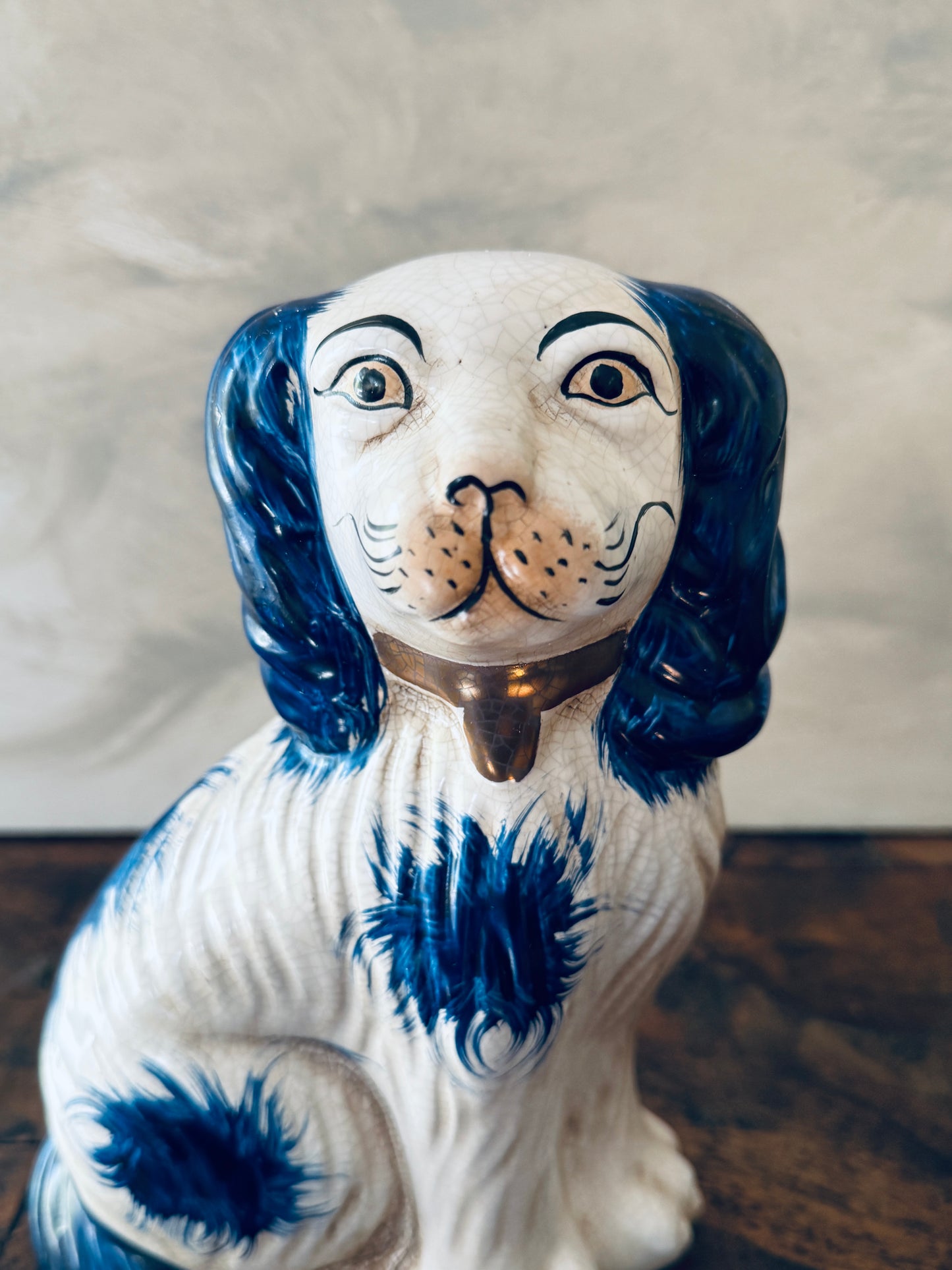 English Chinoiserie Style Blue and White Ceramic Staffordshire Dog - Single Left Side Dog