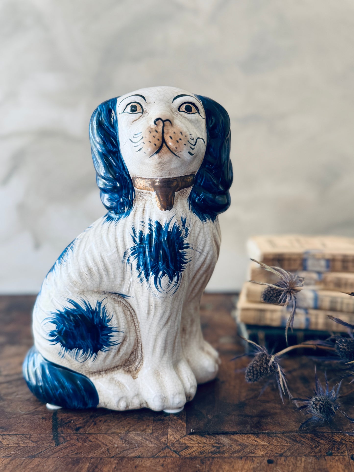 English Chinoiserie Style Blue and White Ceramic Staffordshire Dog - Single Left Side Dog