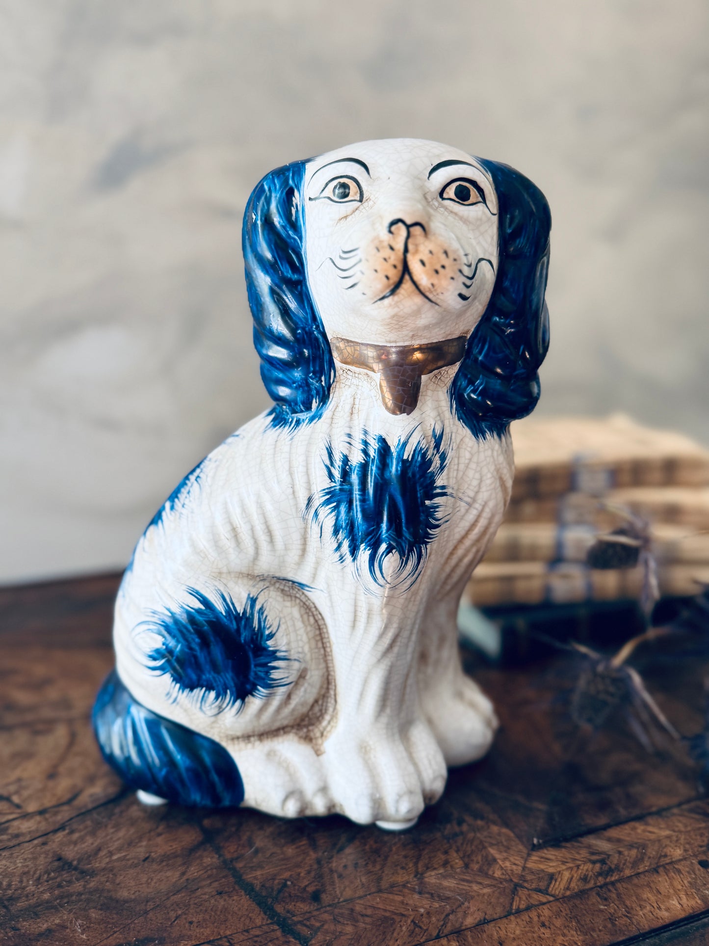 English Chinoiserie Style Blue and White Ceramic Staffordshire Dog - Single Left Side Dog
