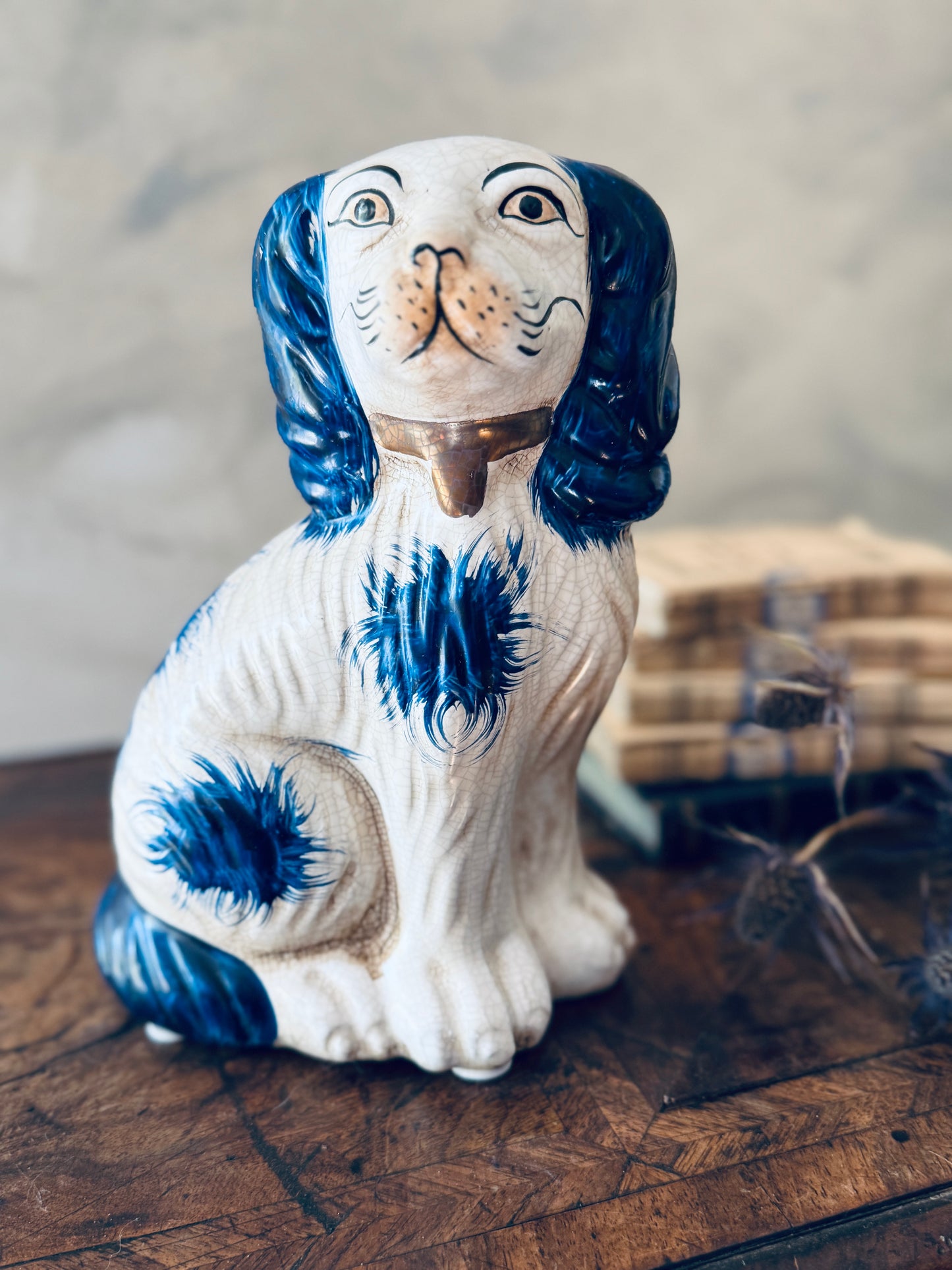 English Chinoiserie Style Blue and White Ceramic Staffordshire Dog - Single Left Side Dog