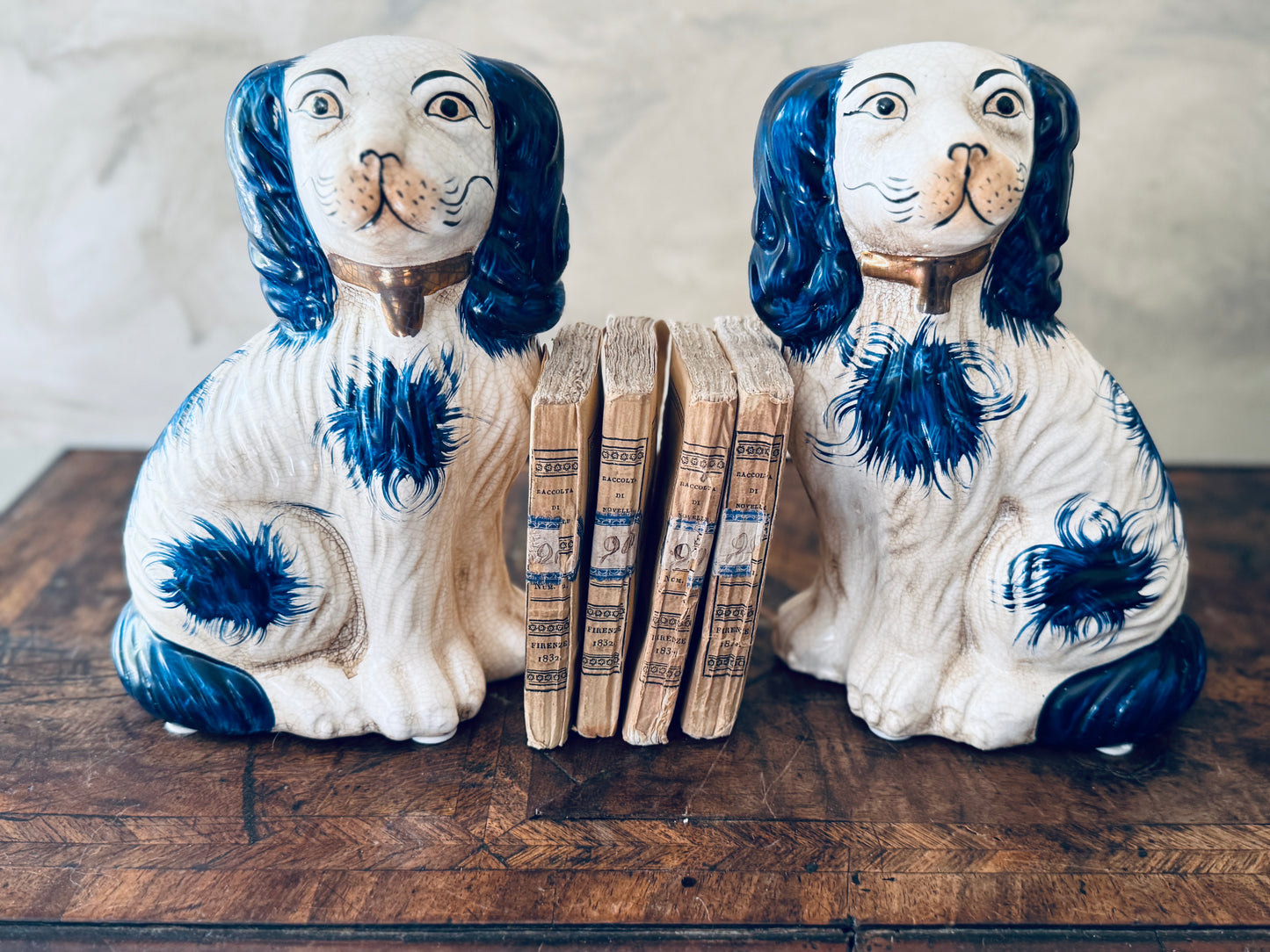 Pair of English Chinoiserie Style Blue and White Ceramic Staffordshire Dog