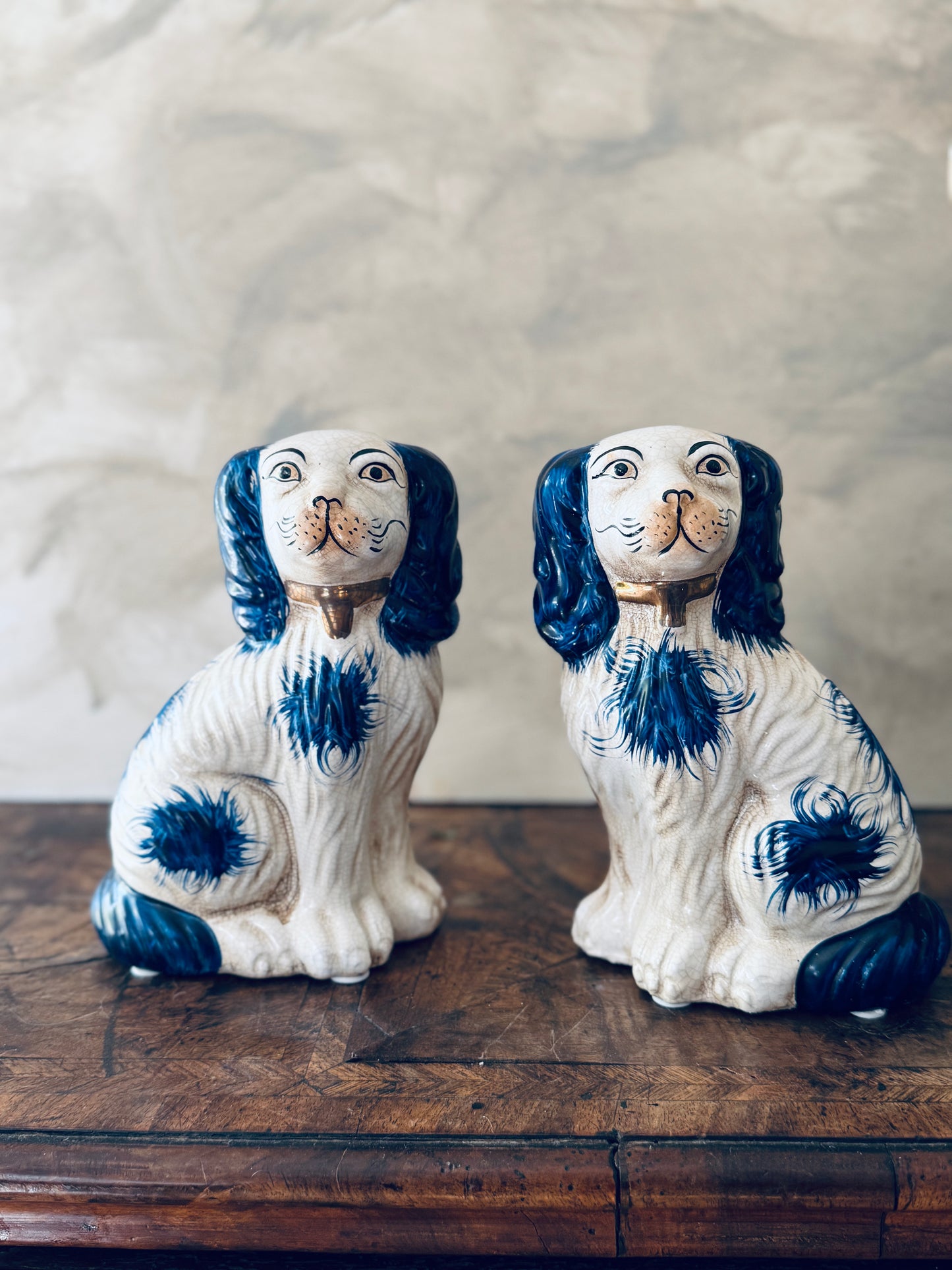 Pair of English Chinoiserie Style Blue and White Ceramic Staffordshire Dog