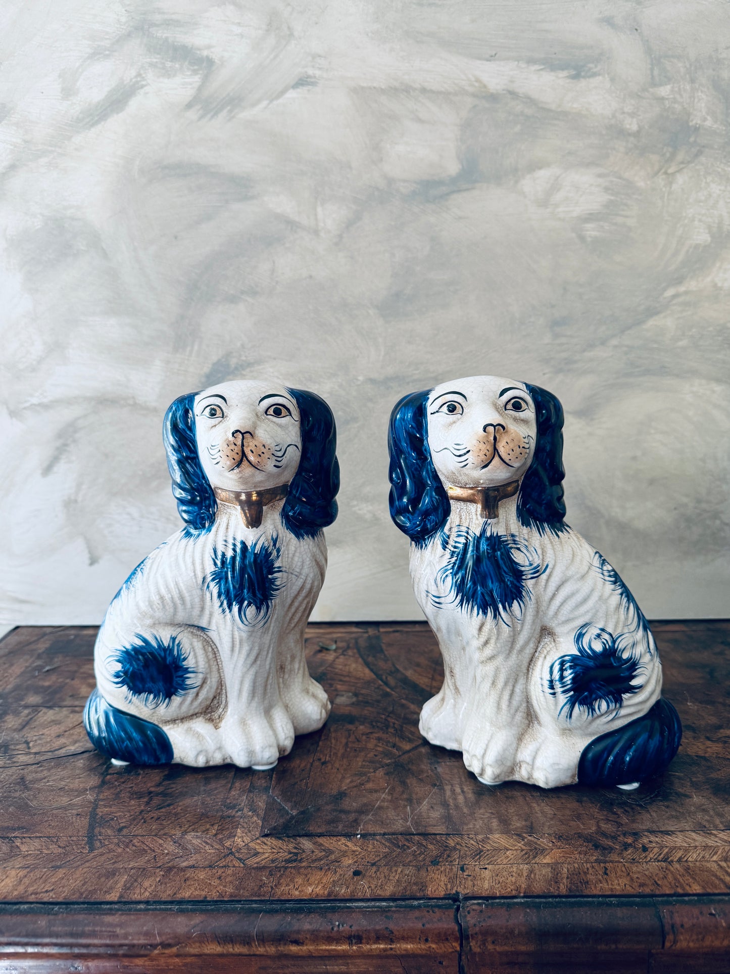 Pair of English Chinoiserie Style Blue and White Ceramic Staffordshire Dog