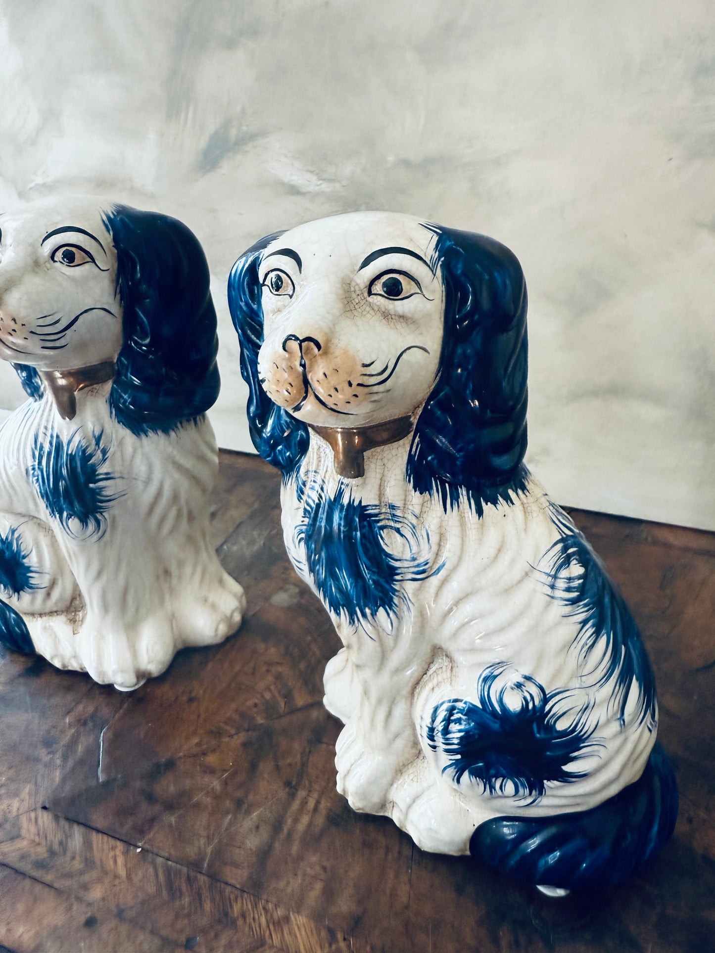 Pair of English Chinoiserie Style Blue and White Ceramic Staffordshire Dog