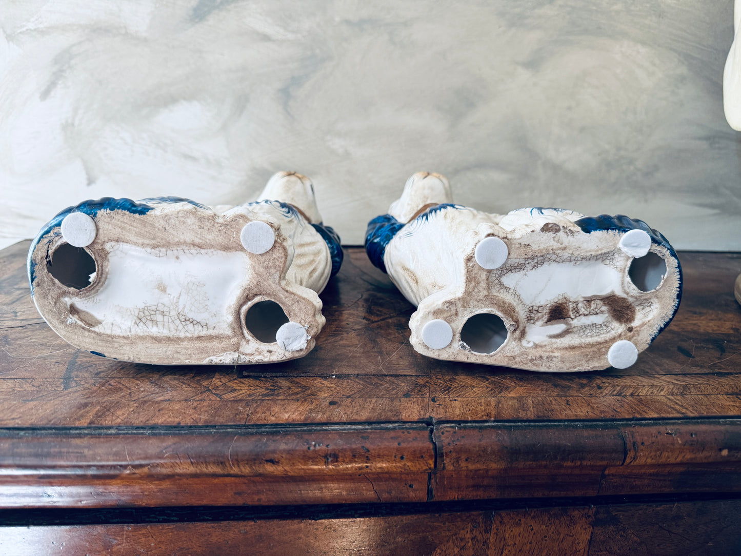 Pair of English Chinoiserie Style Blue and White Ceramic Staffordshire Dog