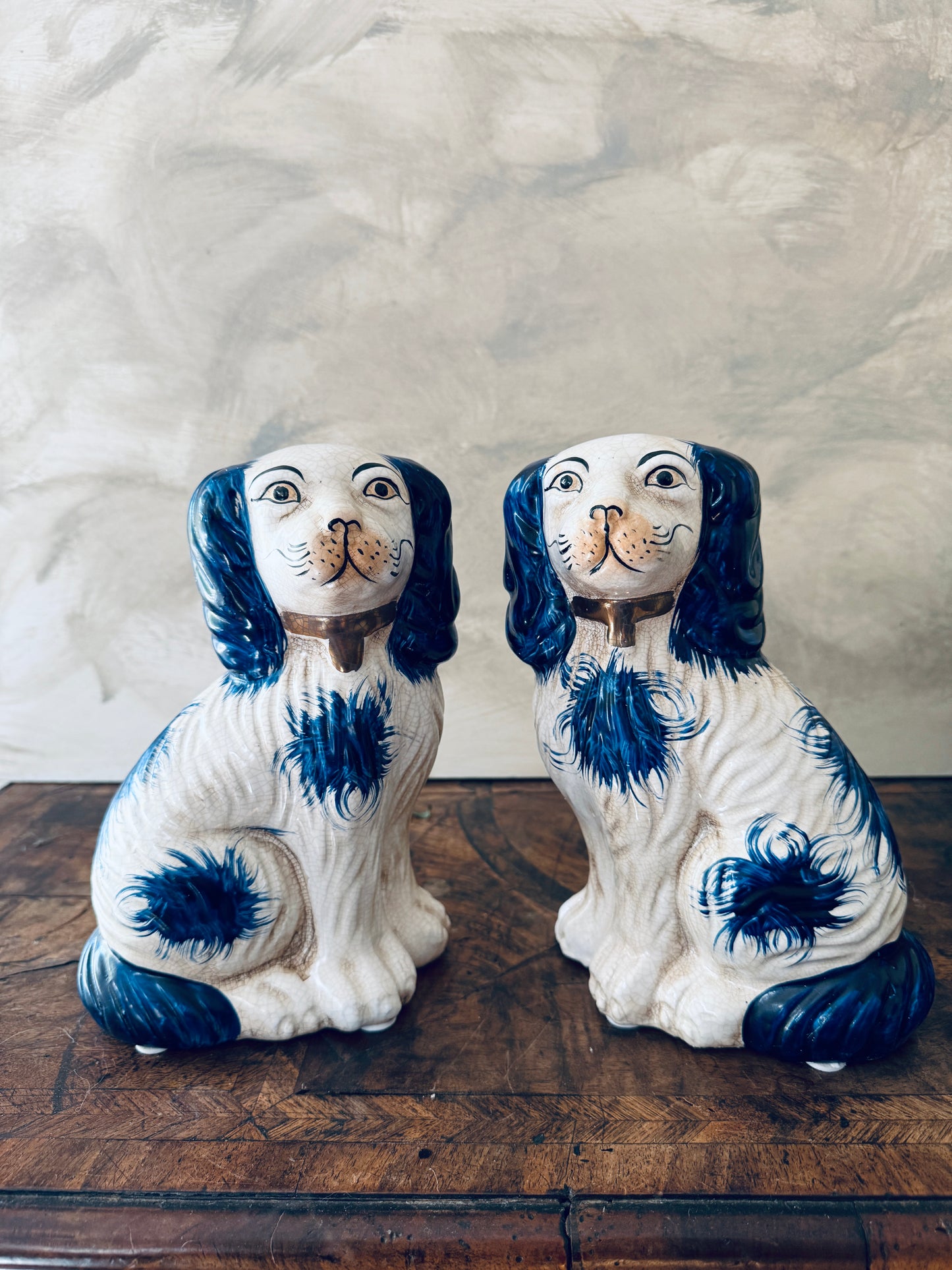 Pair of English Chinoiserie Style Blue and White Ceramic Staffordshire Dog
