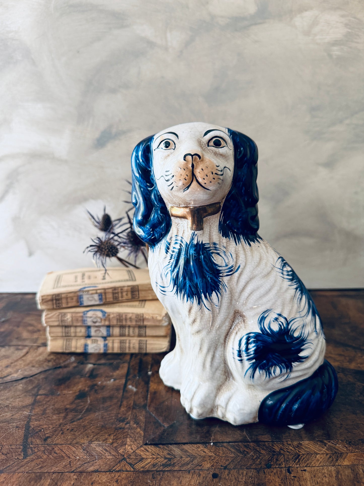 English Chinoiserie Style Blue and White Ceramic Staffordshire Dog - Single Right Side Dog