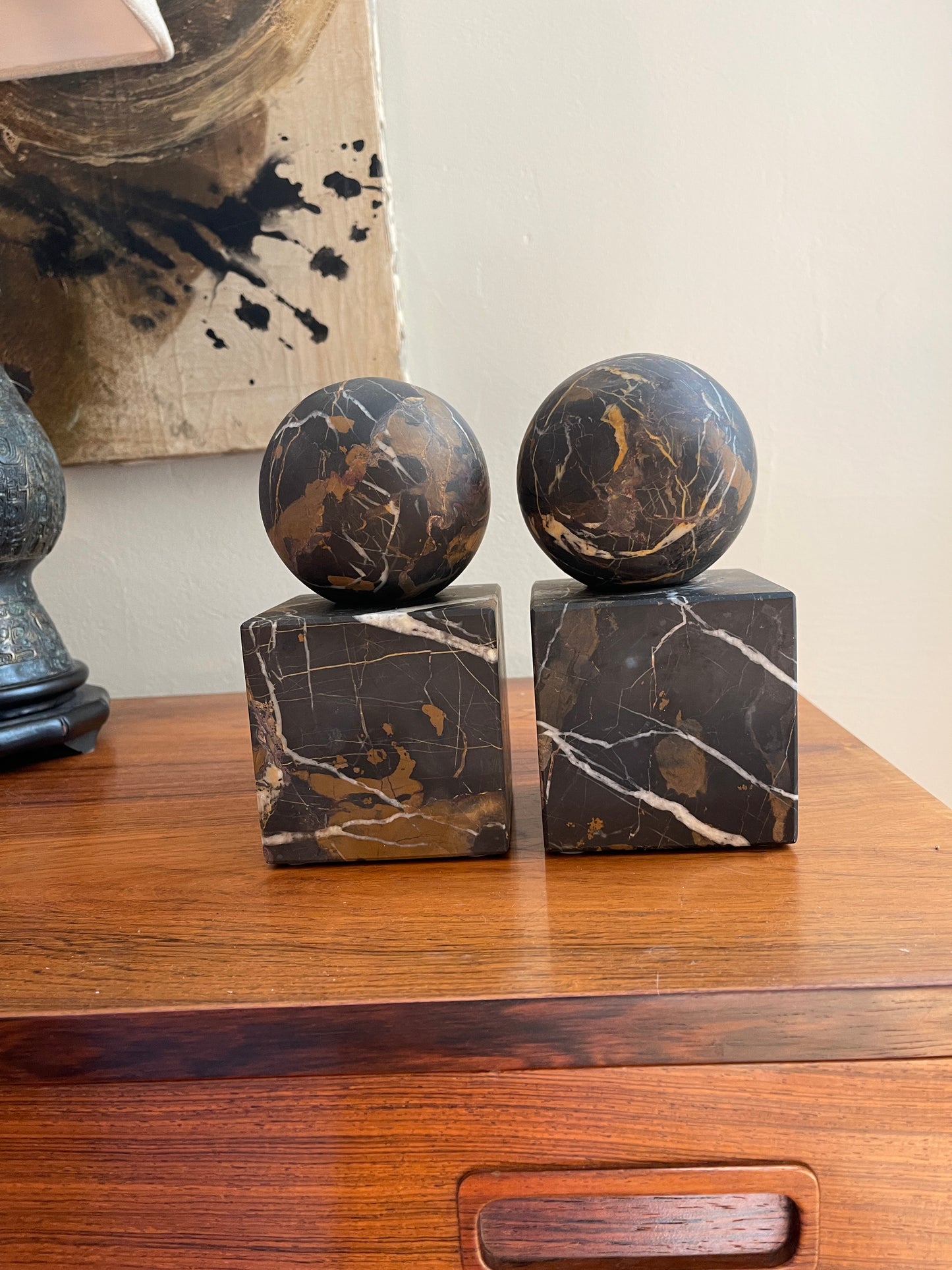 Black and Gold Marble Bookends - a Pair