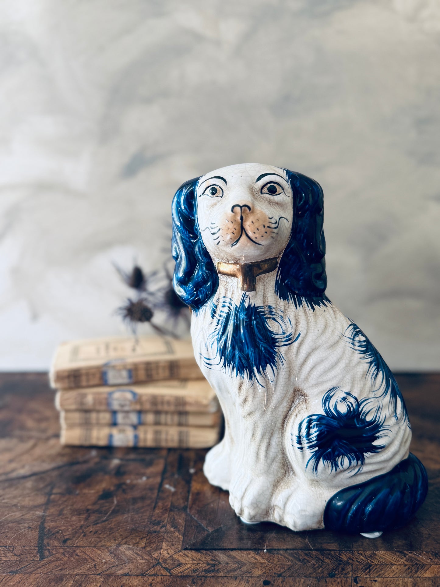 English Chinoiserie Style Blue and White Ceramic Staffordshire Dog - Single Right Side Dog