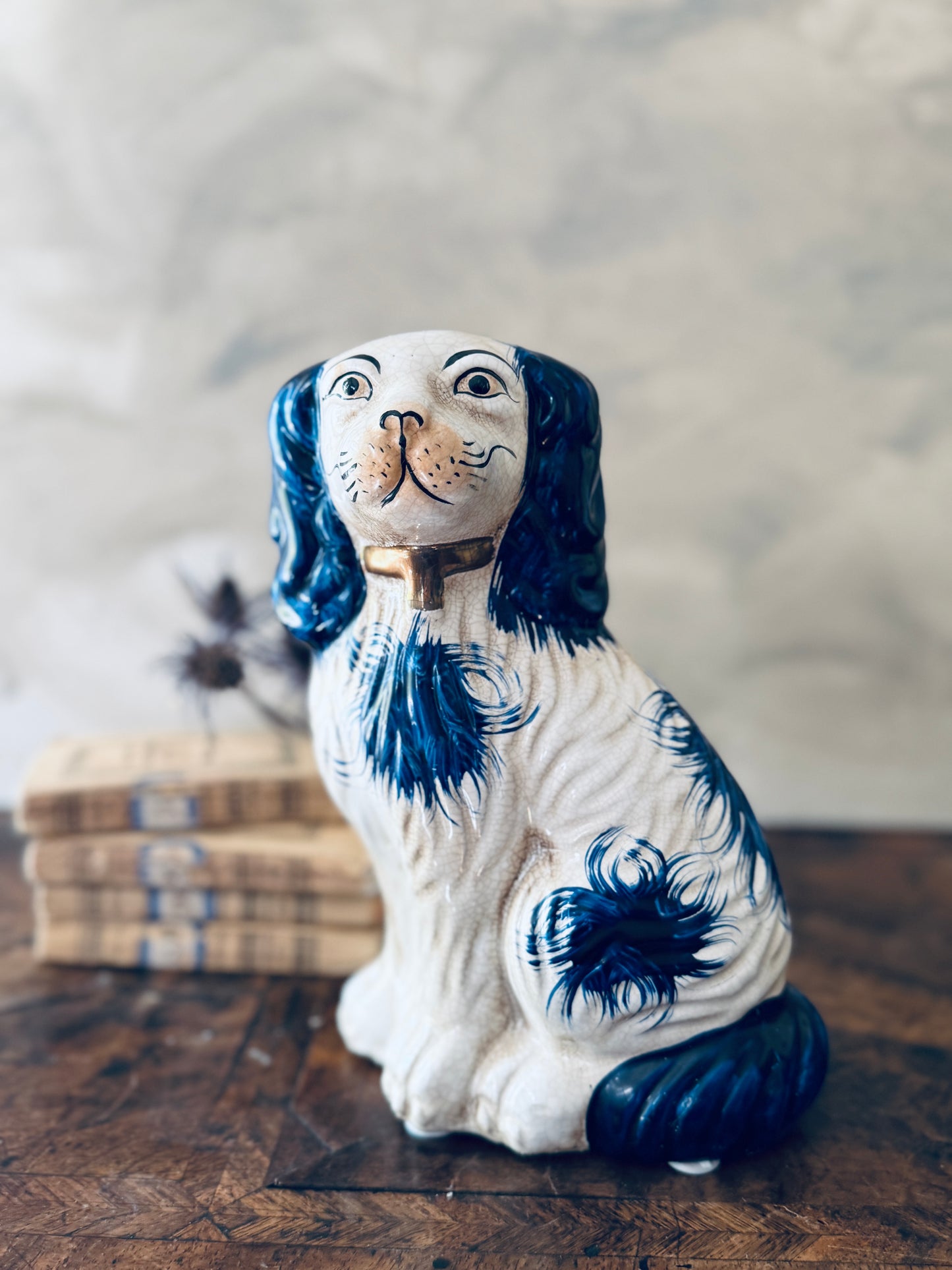 English Chinoiserie Style Blue and White Ceramic Staffordshire Dog - Single Right Side Dog