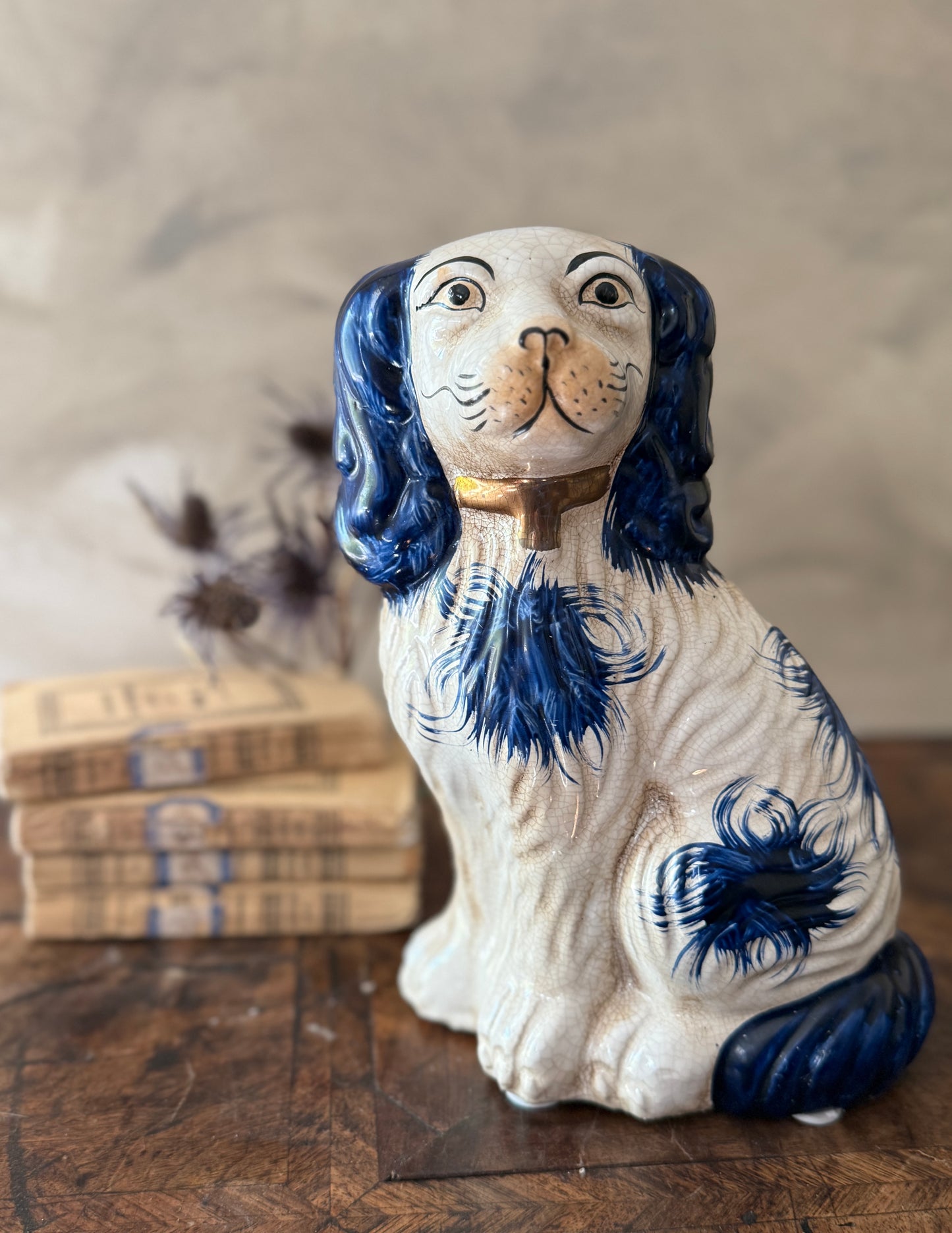 English Chinoiserie Style Blue and White Ceramic Staffordshire Dog - Single Right Side Dog