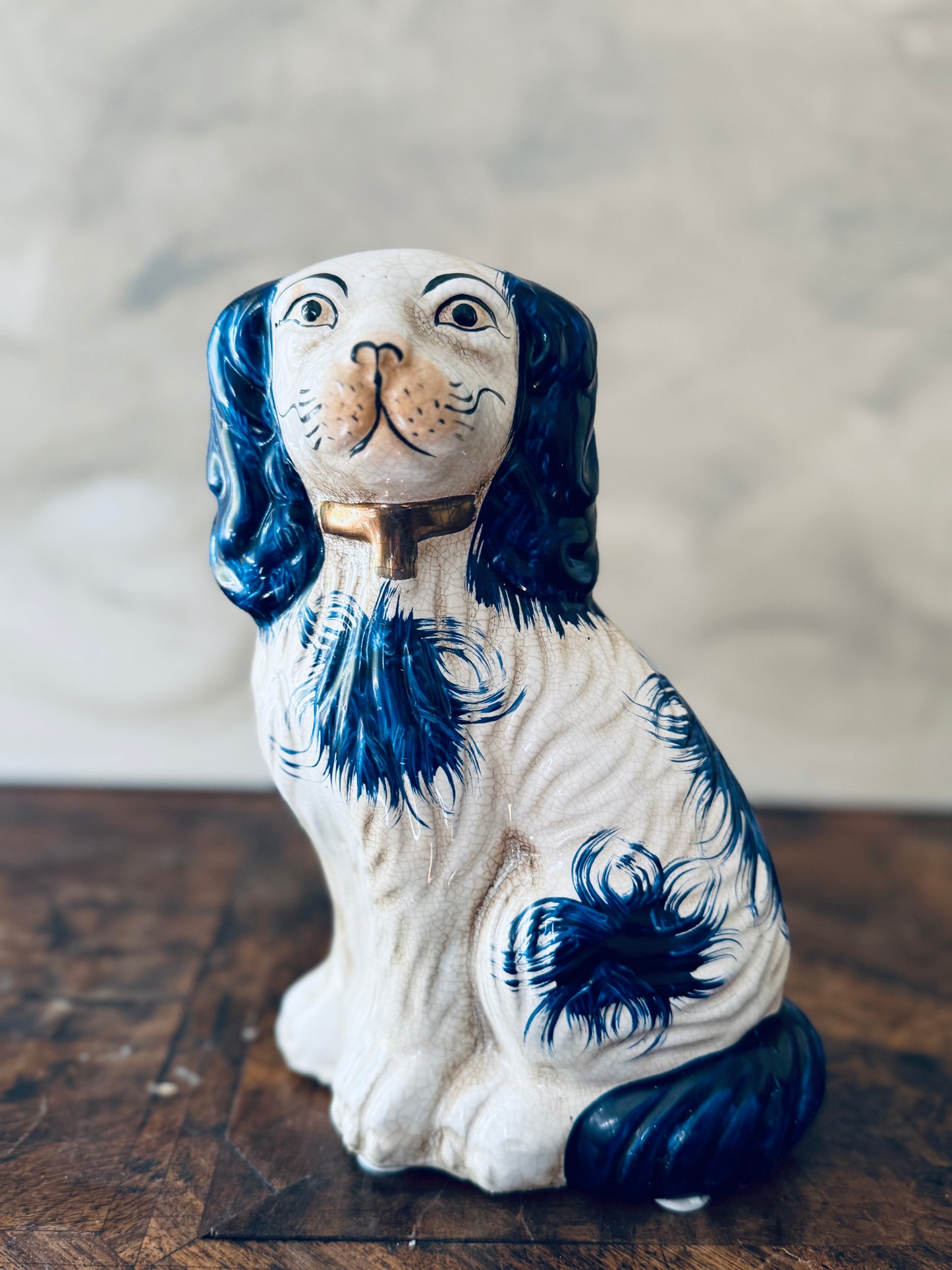English Chinoiserie Style Blue and White Ceramic Staffordshire Dog - Single Right Side Dog
